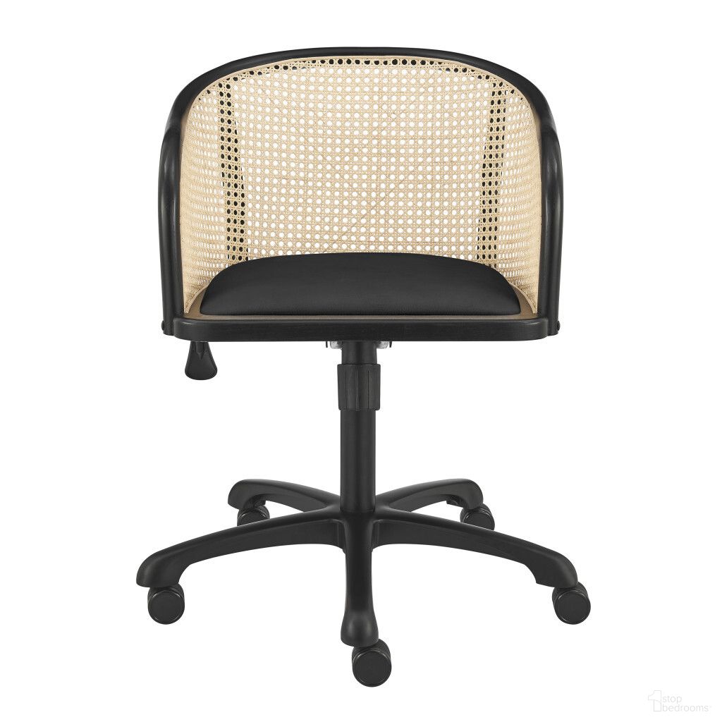 Solid Wood Steel and Cane Rattan Adjustable Swivel Rolling Office Chair In Black