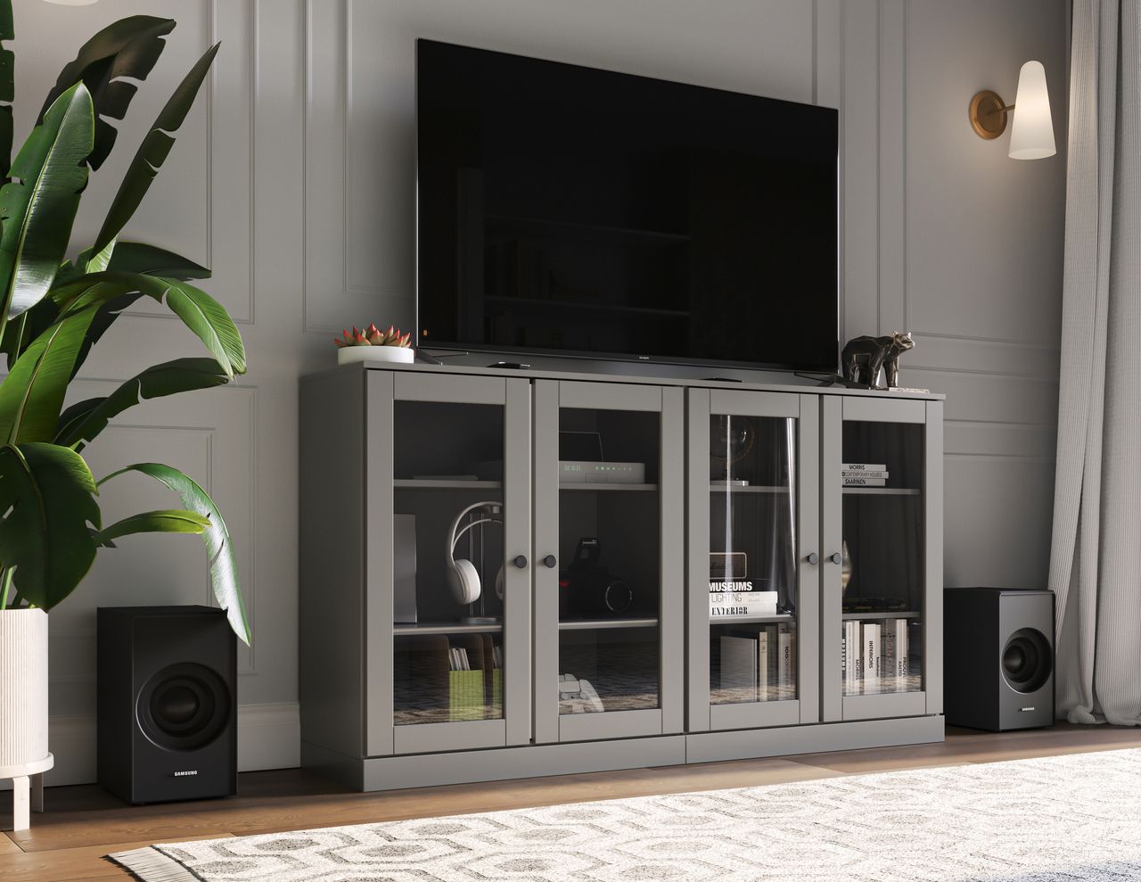 Solid Wood Tv Stand With Clear Glass Doors And Adjustable Shelves In Gray