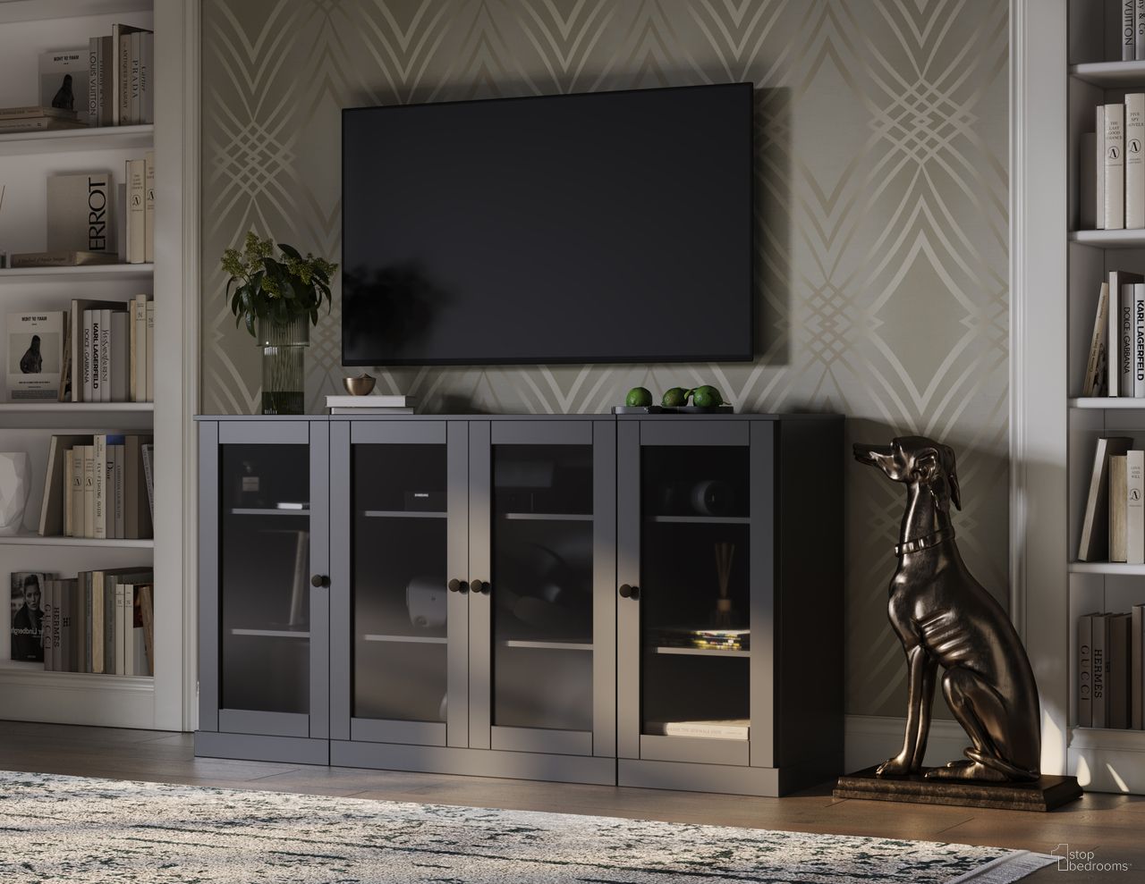 Solid Wood Tv Stand With Clear Glass Doors And Adjustable Shelves In Gray