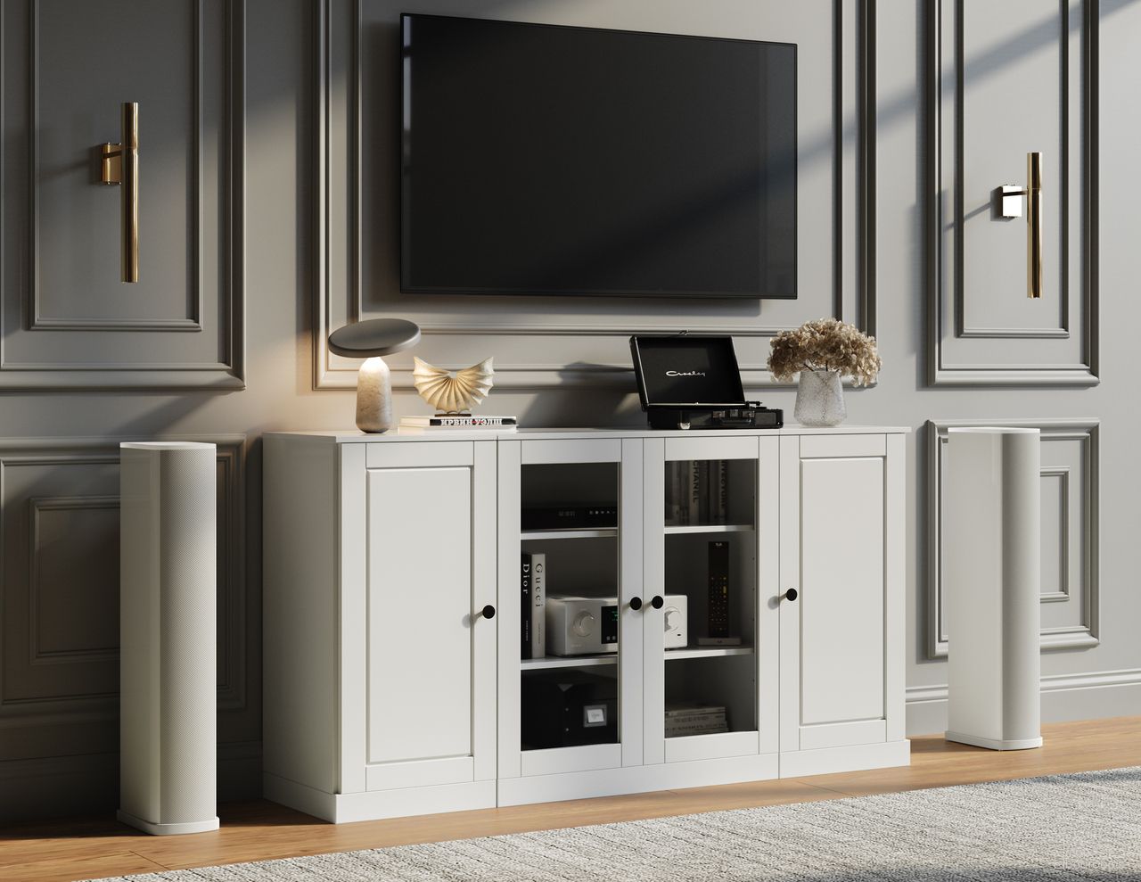 Solid Wood Tv Stand With Clear Glass Doors And Adjustable Shelves In White