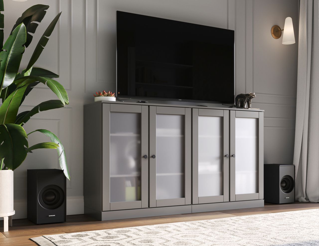 Solid Wood Tv Stand With Frosted Glass Doors And Adjustable Shelves In Gray