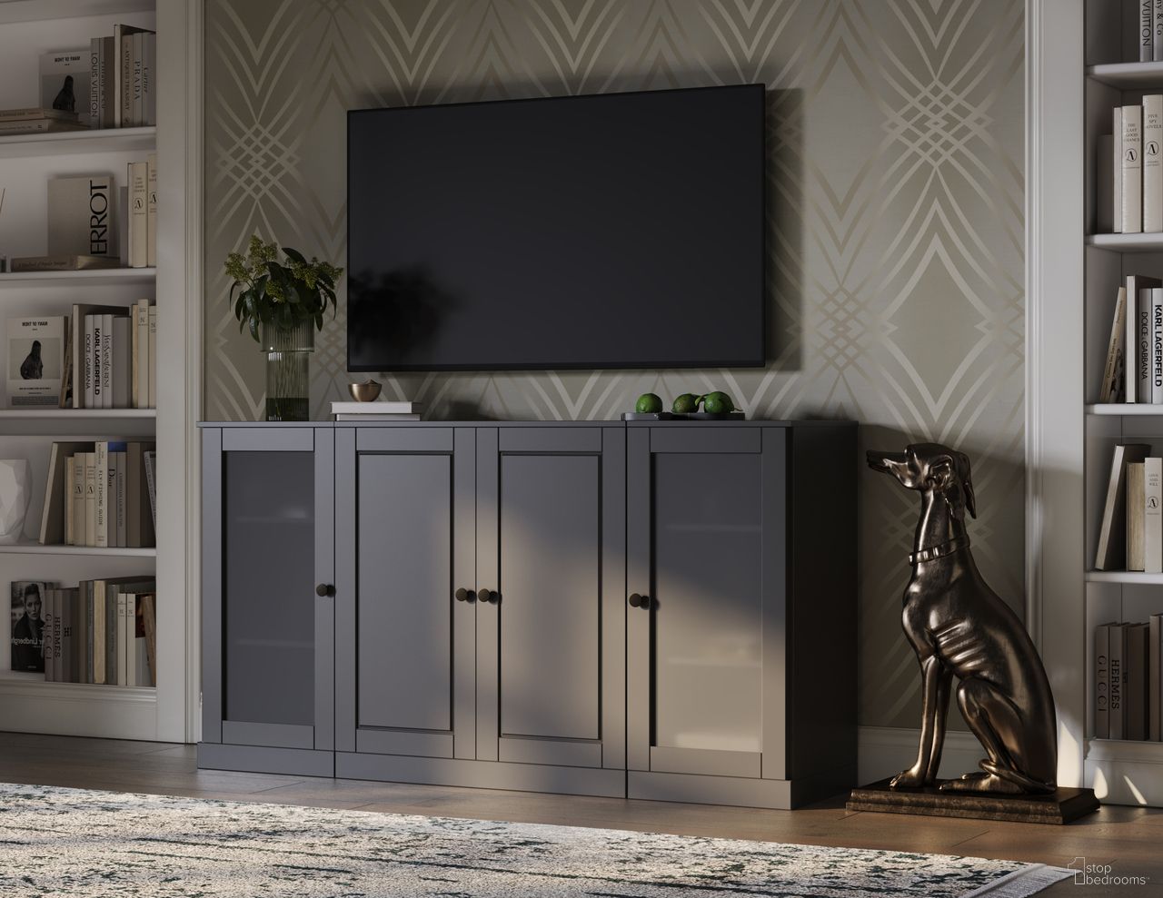 Solid Wood Tv Stand With Frosted Glass Doors And Adjustable Shelves In Gray