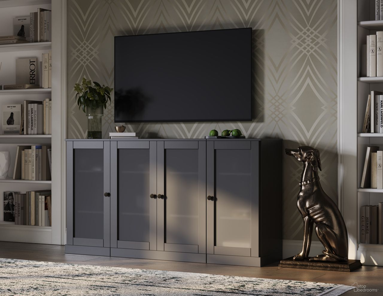 Solid Wood Tv Stand With Frosted Glass Doors And Adjustable Shelves In Gray
