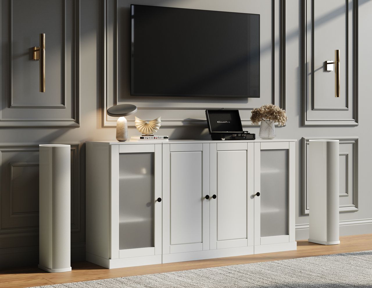 Solid Wood Tv Stand With Frosted Glass Doors And Adjustable Shelves In White