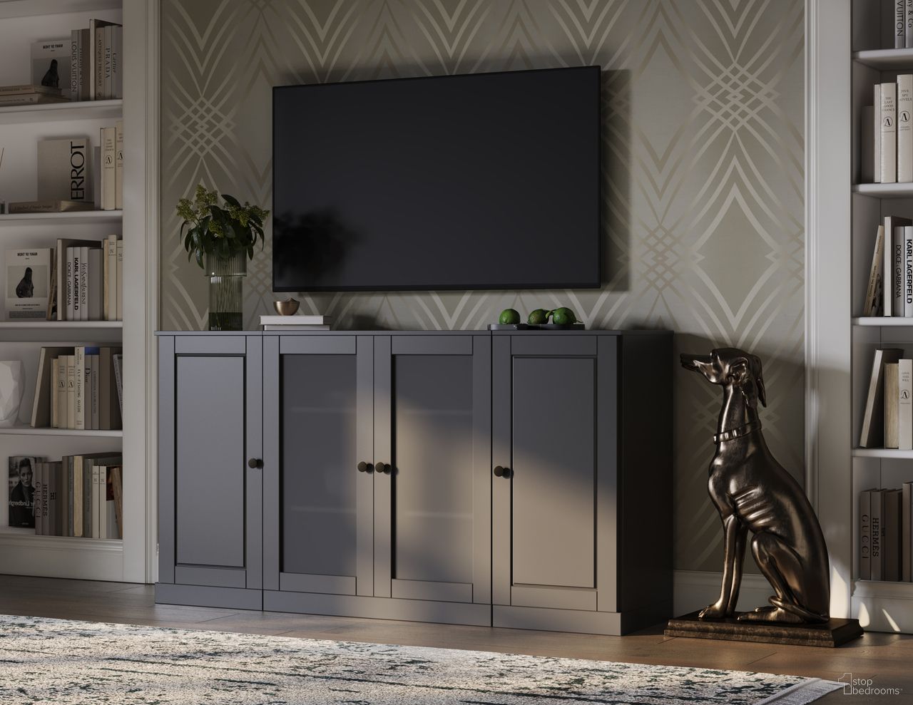Solid Wood Tv Stand With Raised Panel And Frosted Glass Doors In Gray