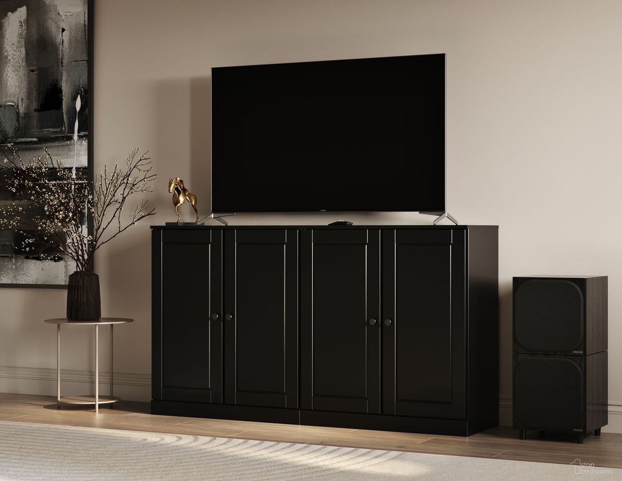 Solid Wood Tv Stand With Raised Panel Doors And Adjustable Shelves In Black
