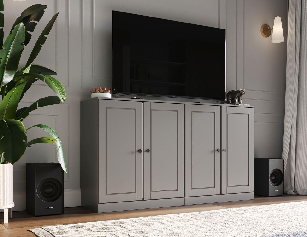 Solid Wood Tv Stand With Raised Panel Doors And Adjustable Shelves In Gray