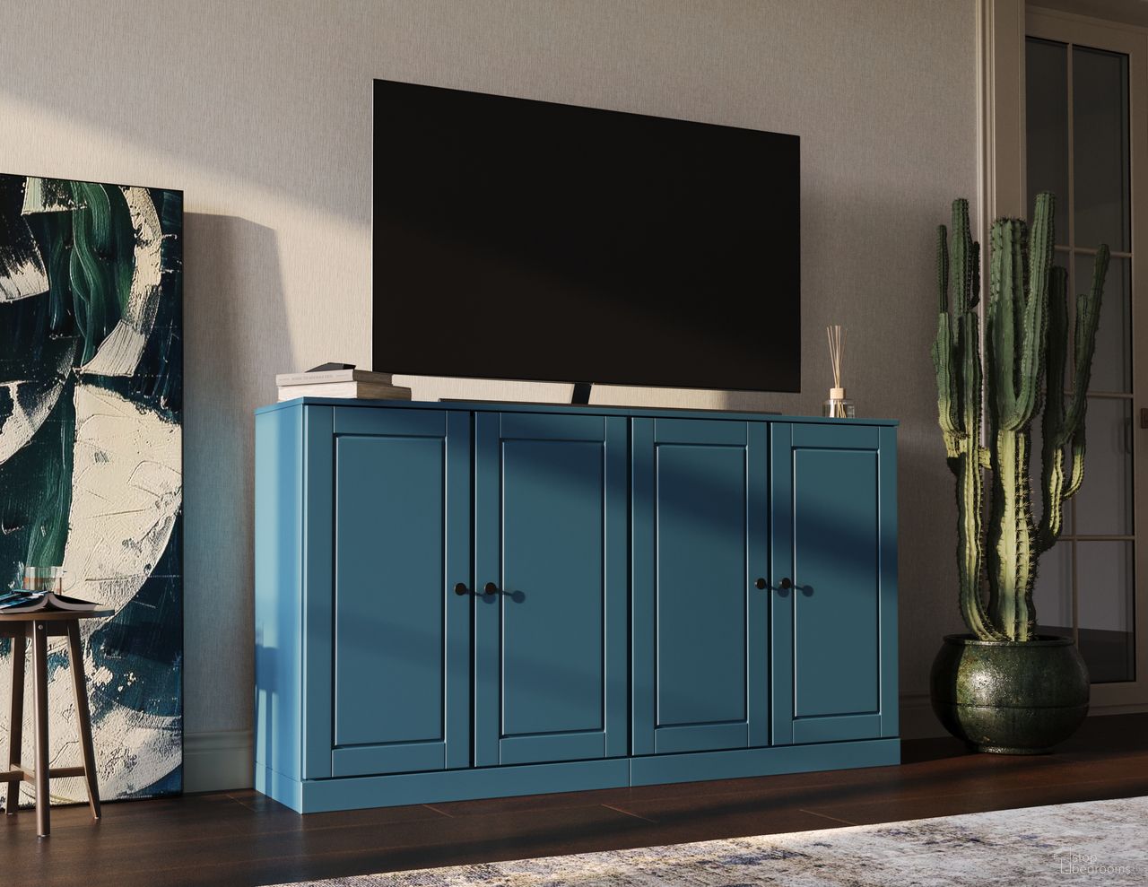 Solid Wood Tv Stand With Raised Panel Doors And Adjustable Shelves In Teal Blue