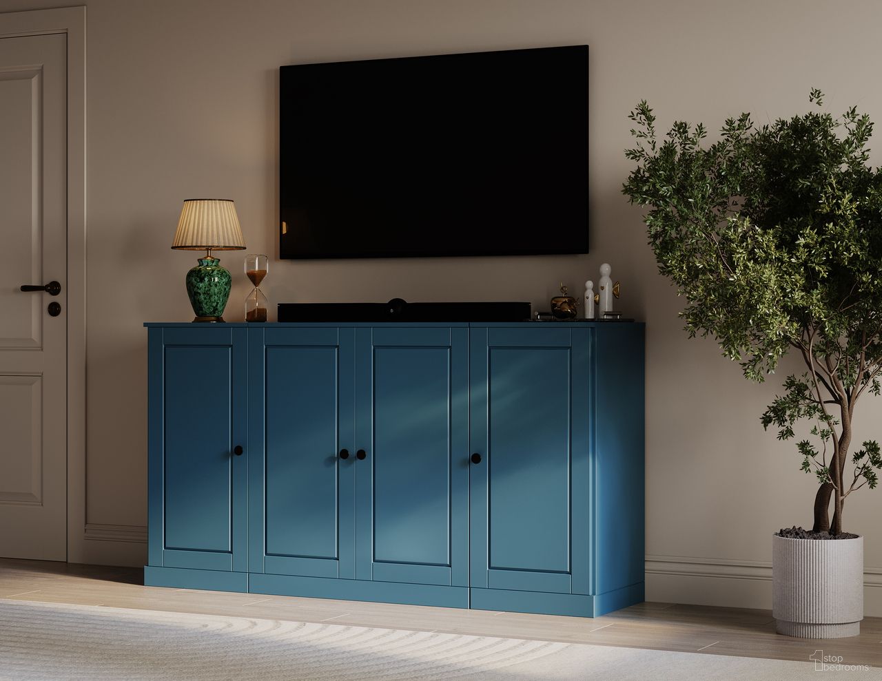 Solid Wood Tv Stand With Raised Panel Doors And Adjustable Shelves In Teal Blue