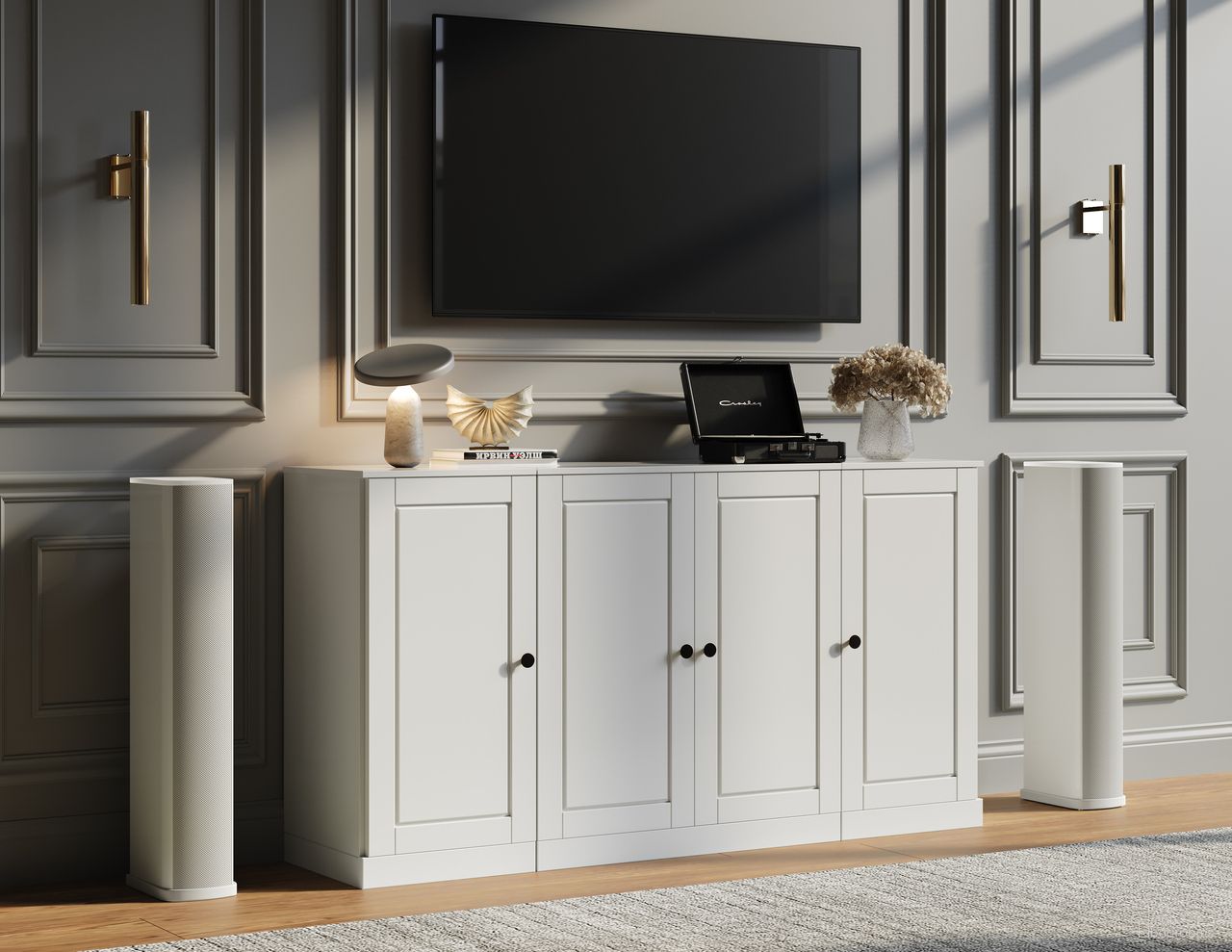 Solid Wood Tv Stand With Raised Panel Doors And Adjustable Shelves In White