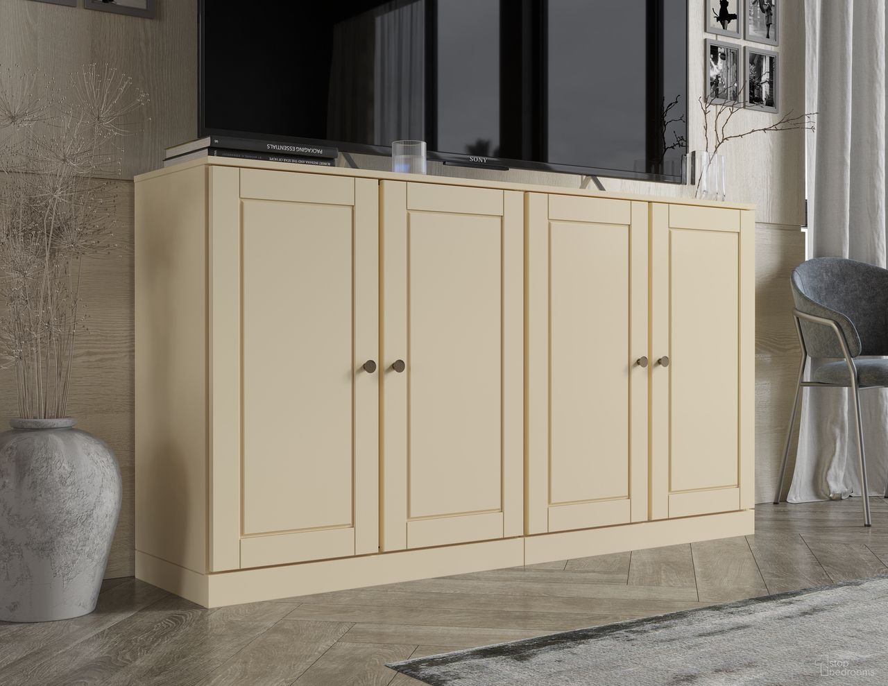 Solid Wood Tv Stand With Raised Panel Doors And Adjustable Shelves In Yellow