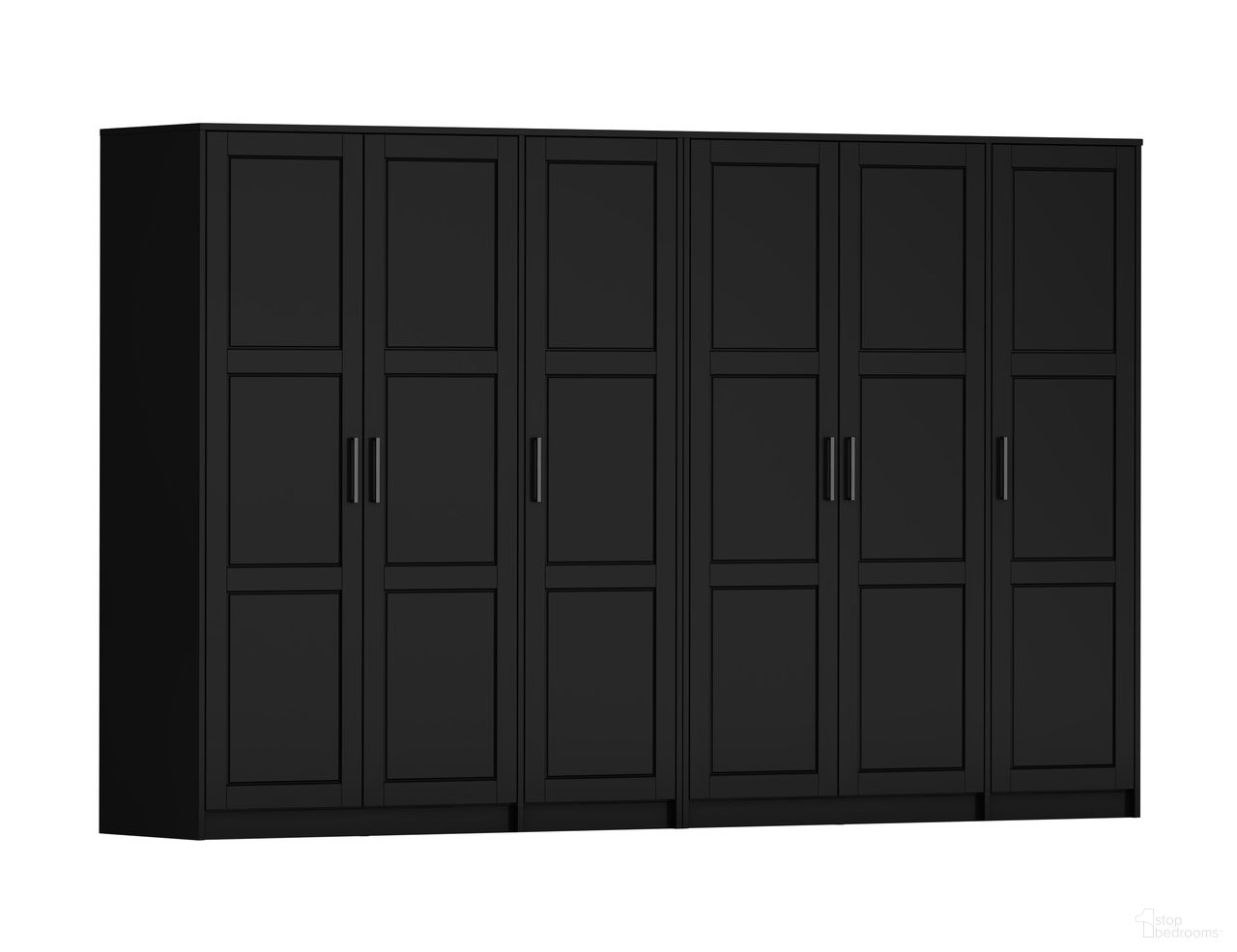 The appearance of Urban 6-Door Wardrobe with Raised Panel Doors In Black designed by Palace Imports in the modern / contemporary interior design. This black piece of furniture was selected by 1StopBedrooms from Urban Collection to add a touch of cosiness and style into your home. Sku: 7157D. Material: Solid Pine Wood.