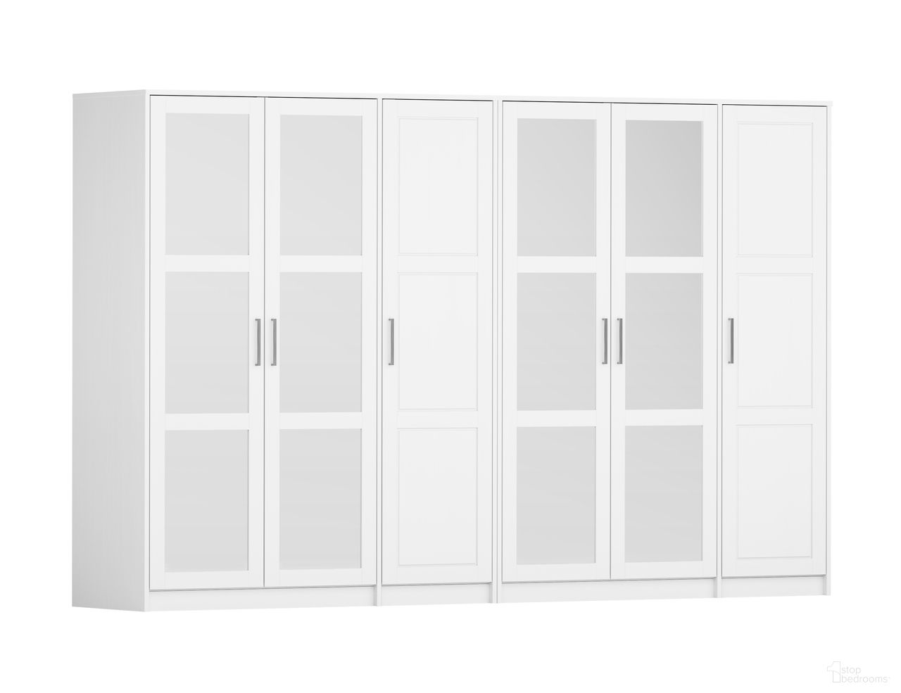 The appearance of Urban 6-Door Wardrobe with Solid and Mirrored Doors In White designed by Palace Imports in the modern / contemporary interior design. This white piece of furniture  was selected by 1StopBedrooms from Urban Collection to add a touch of cosiness and style into your home. Sku: 7151M. Material: Solid Pine Wood.