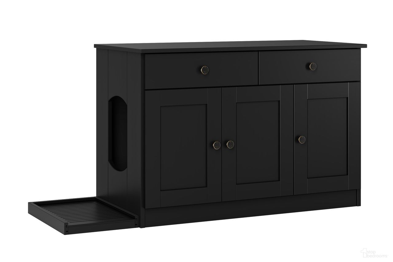Solid Wood Ziva 3-Door Cat Litter Box Enclosure With Litter Catch In Black