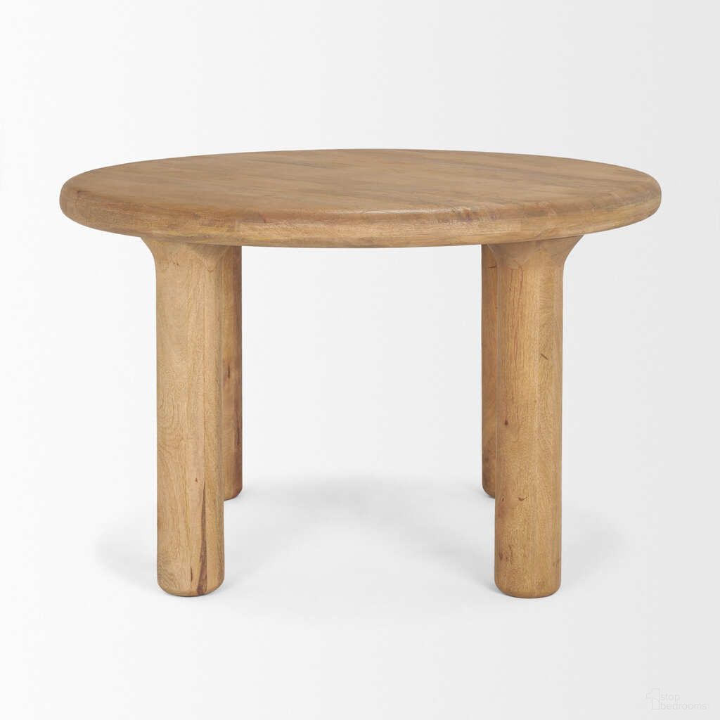 The appearance of Soma 48 Inch Acacia Wood Round Dining Table In Brown designed by Mercana in the transitional interior design. This light brown piece of furniture  was selected by 1StopBedrooms from Soma Collection to add a touch of cosiness and style into your home. Sku: 70884-AB. Table Base Style: Legs. Table Top Shape: Round. Size: 48". Material: Solid Wood.