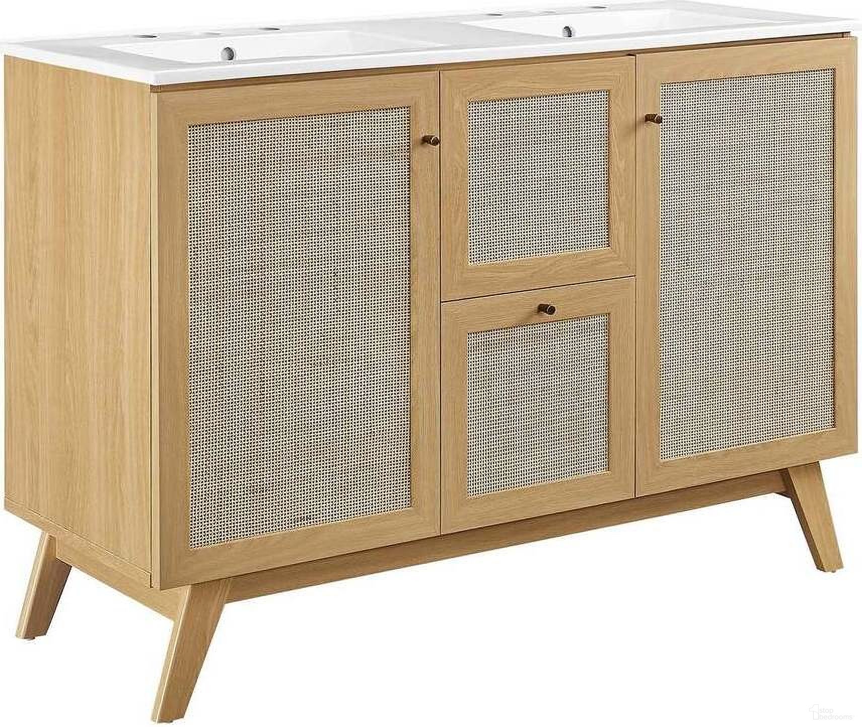 The appearance of Soma 48 Inch Double Sink Bathroom Vanity In Oak and White designed by Modway in the modern / contemporary interior design. This oak and white piece of furniture was selected by 1StopBedrooms from Soma Collection to add a touch of cosiness and style into your home. Sku: EEI-4376-WHI;EEI-6589-OAK. Material: Wood.