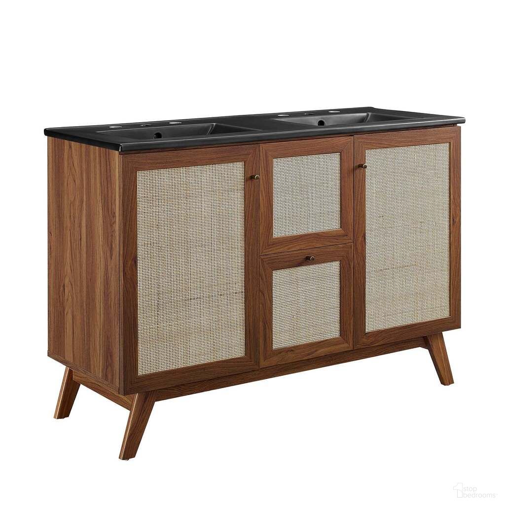 The appearance of Soma 48 Inch Double Sink Bathroom Vanity In Walnut and Black designed by Modway in the modern / contemporary interior design. This walnut and black piece of furniture was selected by 1StopBedrooms from Soma Collection to add a touch of cosiness and style into your home. Sku: EEI-5073-BLK;EEI-6589-WAL. Material: Wood.