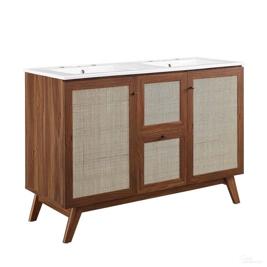 The appearance of Soma 48 Inch Double Sink Bathroom Vanity In Walnut and White designed by Modway in the modern / contemporary interior design. This walnut and white piece of furniture  was selected by 1StopBedrooms from Soma Collection to add a touch of cosiness and style into your home. Sku: EEI-4376-WHI;EEI-6589-WAL. Material: Wood.