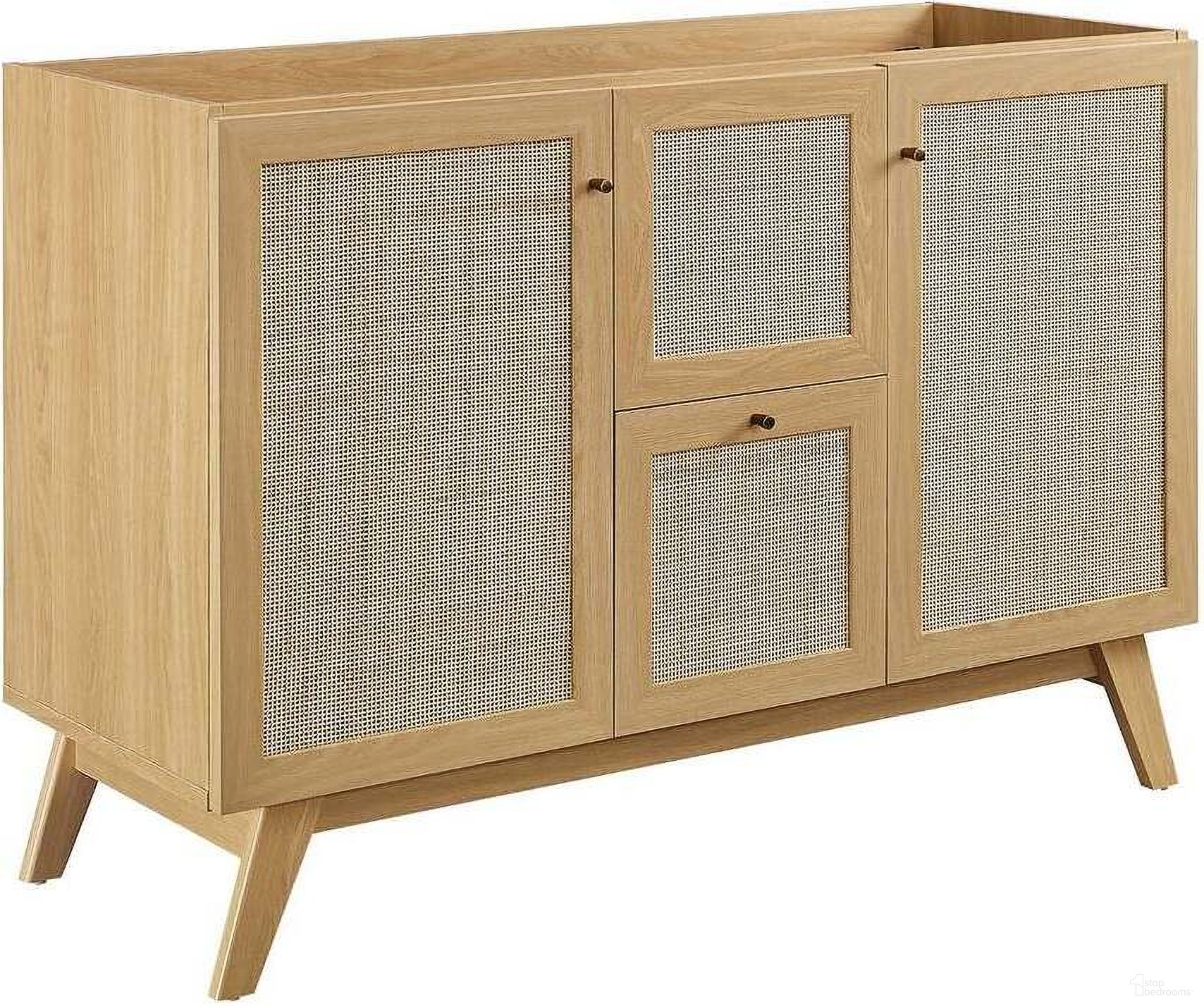 The appearance of Soma 48 Inch Single Or Double Sink Compatible Bathroom Vanity Cabinet In Oak designed by Modway in the modern / contemporary interior design. This oak piece of furniture was selected by 1StopBedrooms from Soma Collection to add a touch of cosiness and style into your home. Sku: EEI-6589-OAK. Material: Wood.