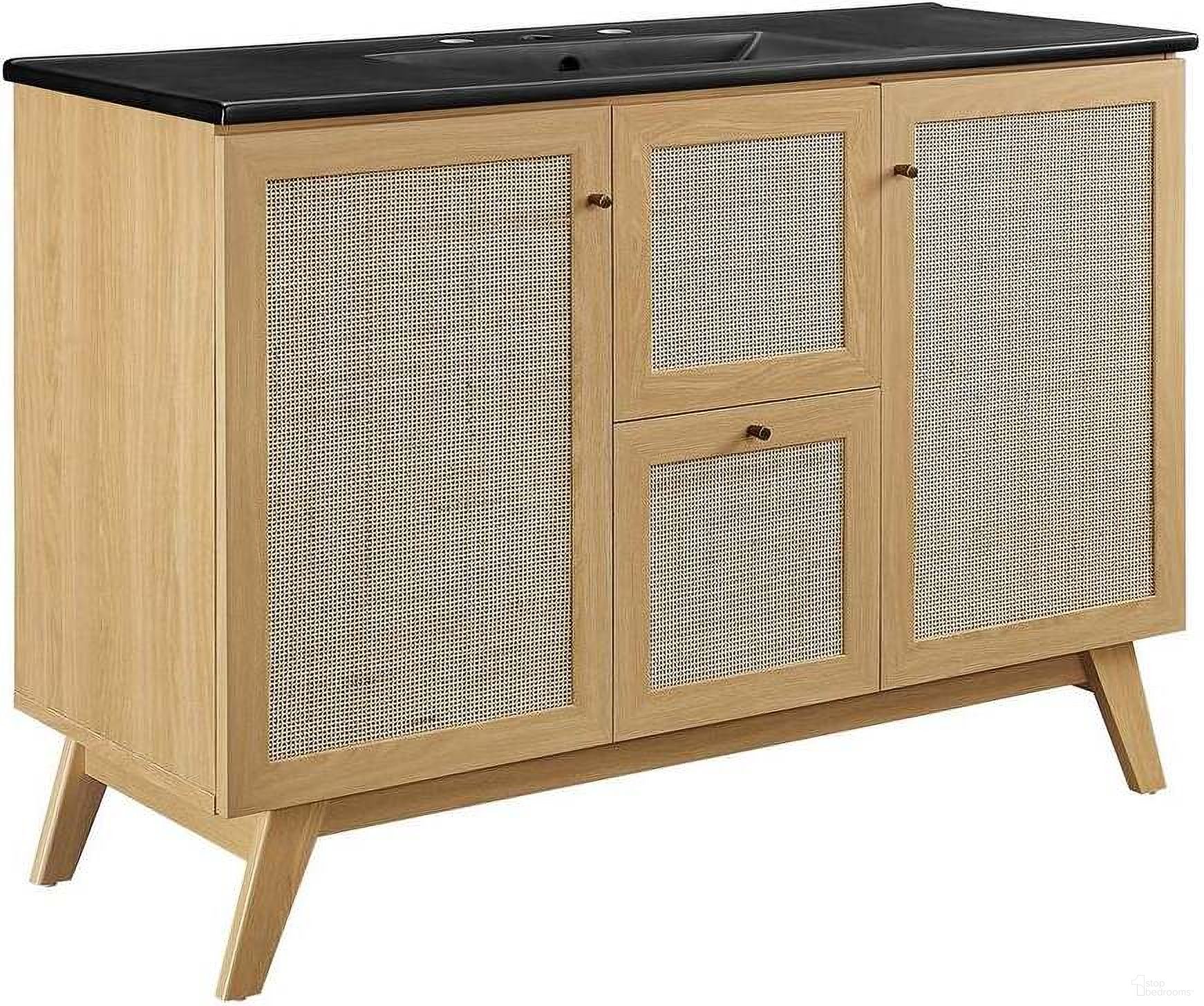 The appearance of Soma 48 Inch Single Sink Bathroom Vanity In Oak and Black designed by Modway in the modern / contemporary interior design. This oak piece of furniture  was selected by 1StopBedrooms from Soma Collection to add a touch of cosiness and style into your home. Sku: EEI-5072-BLK;EEI-6589-OAK. Material: Wood.