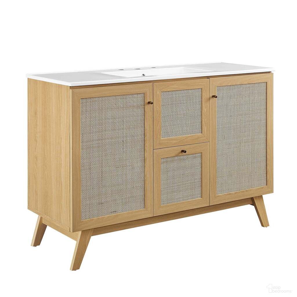 The appearance of Soma 48 Inch Single Sink Bathroom Vanity In Oak and White designed by Modway in the modern / contemporary interior design. This oak and white piece of furniture was selected by 1StopBedrooms from Soma Collection to add a touch of cosiness and style into your home. Sku: EEI-4375-WHI;EEI-6589-OAK. Material: Wood.