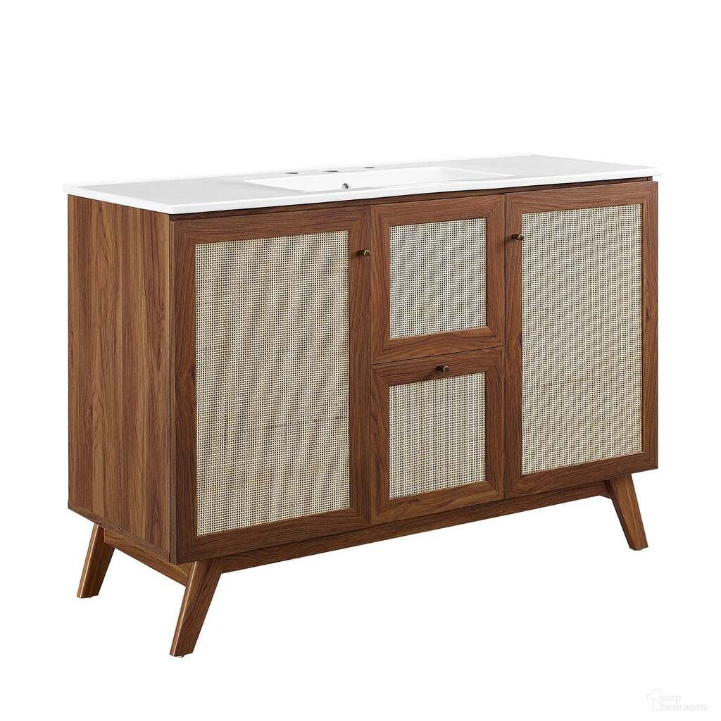 The appearance of Soma 48 Inch Single Sink Bathroom Vanity In Walnut and White designed by Modway in the modern / contemporary interior design. This walnut and white piece of furniture  was selected by 1StopBedrooms from Soma Collection to add a touch of cosiness and style into your home. Sku: EEI-4375-WHI;EEI-6589-WAL. Material: Wood.