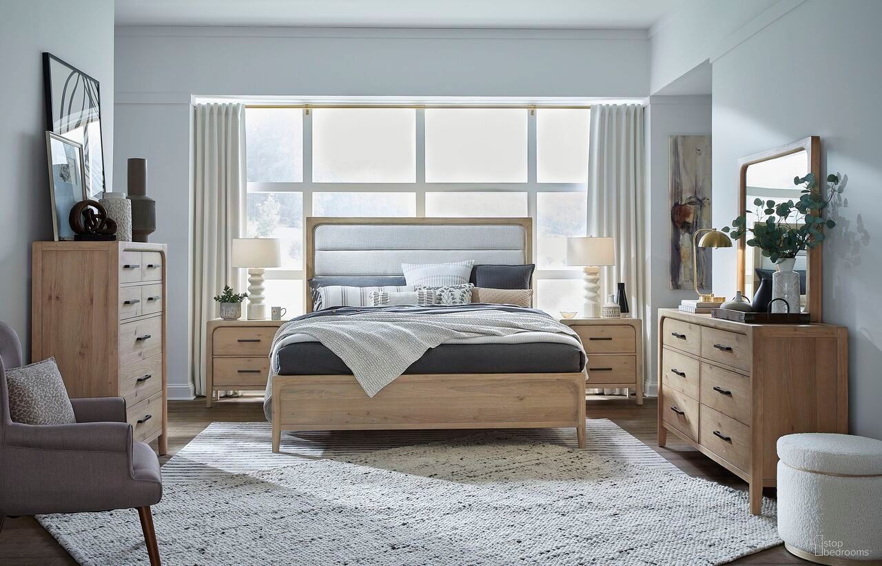 The appearance of Somerset Upholstered Panel Bedroom Set In Butternut designed by Magnussen in the transitional interior design. This butternut piece of furniture  was selected by 1StopBedrooms from Somerset Collection to add a touch of cosiness and style into your home. Sku: B5684-55H;B5684-54F;B5684-54R;B5684-01. Bed Size: California King. Material: Hardwood.