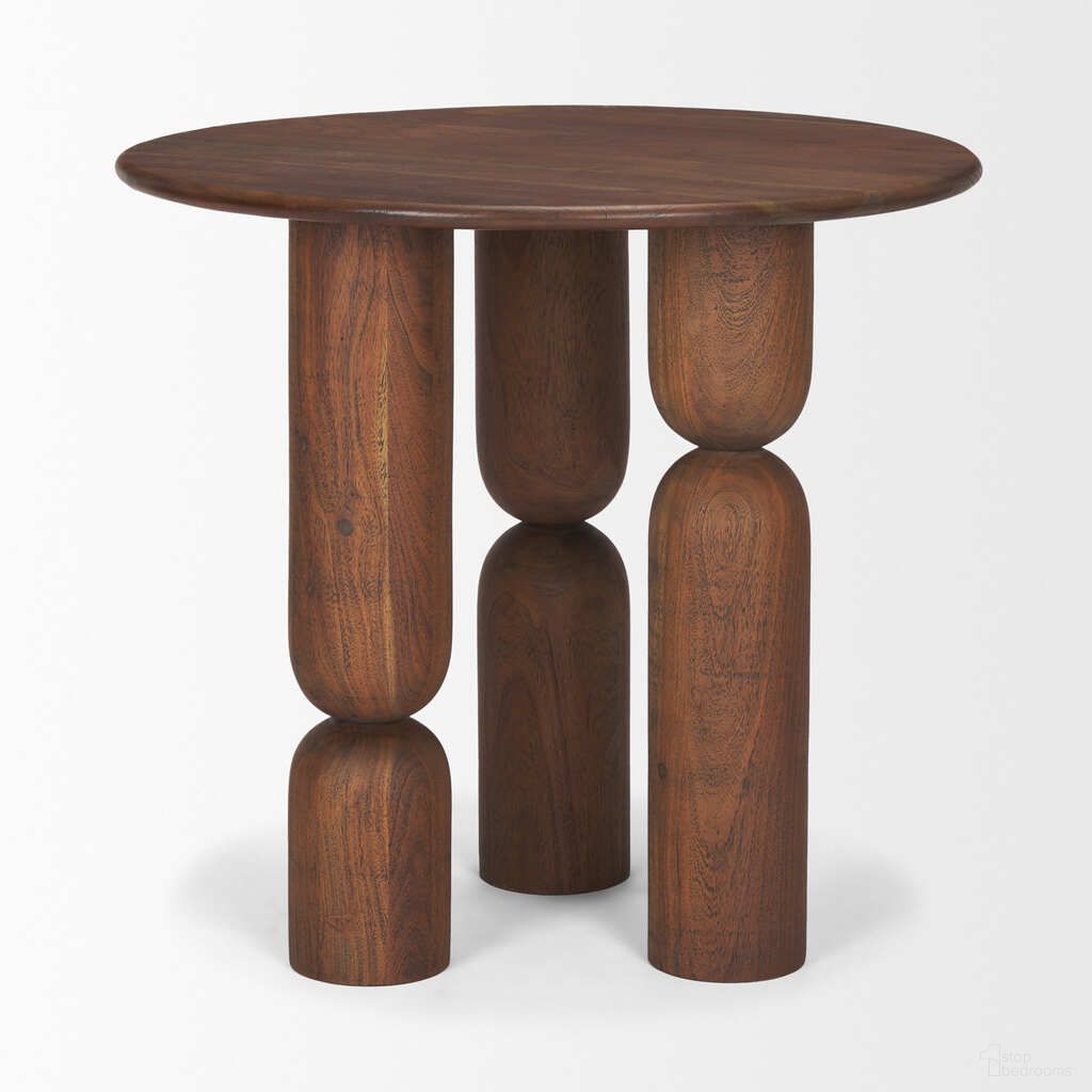 The appearance of Sonel Pedestal Medium Acacia Wood Foyer Table In Brown designed by Mercana in the transitional interior design. This brown piece of furniture  was selected by 1StopBedrooms from Sonel Collection to add a touch of cosiness and style into your home. Sku: 70848-AB. Material: Solid Wood.