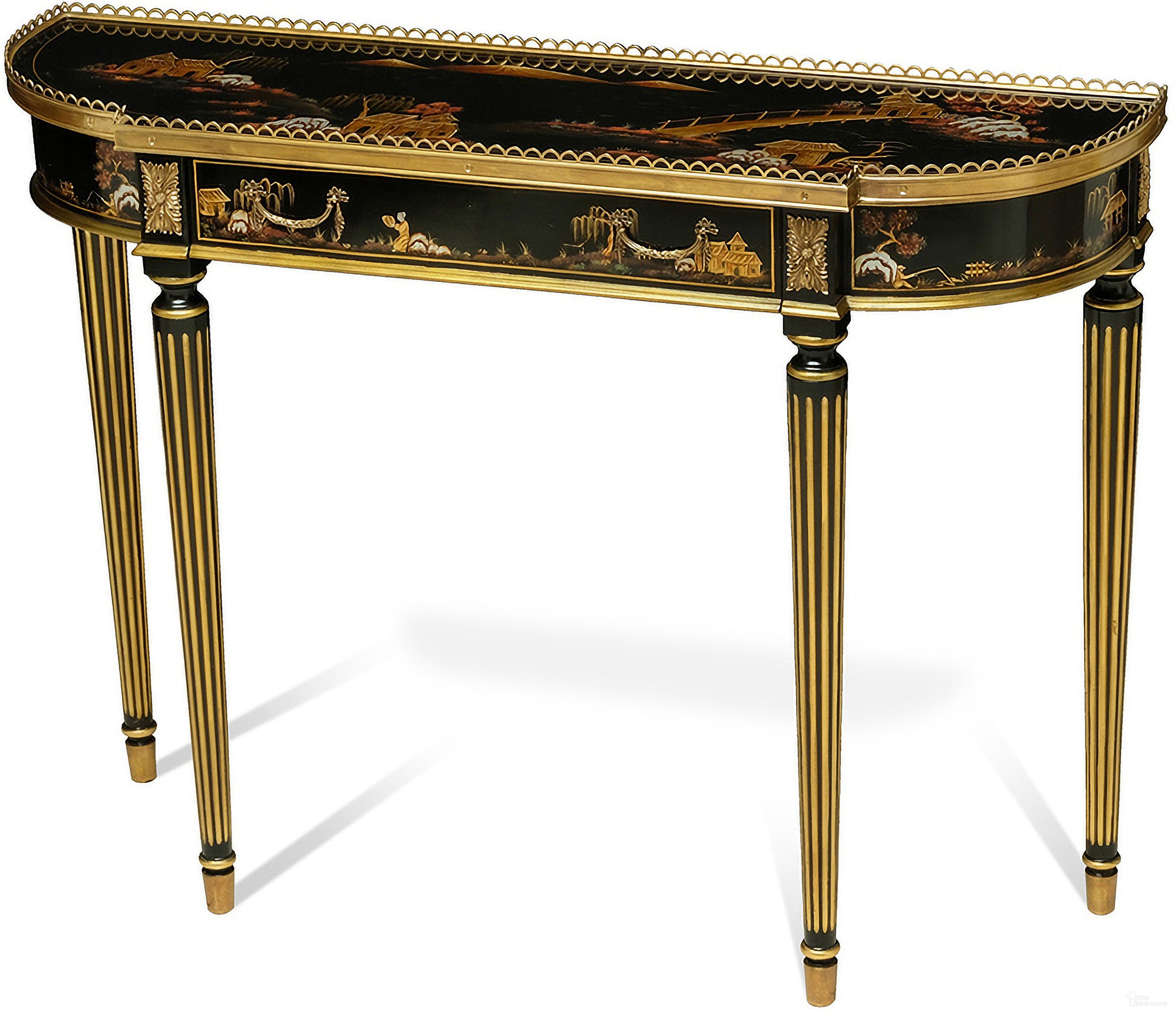 The appearance of Song Console Table In Chinoiserie Black and Brass designed by Maitland-Smith in the modern / contemporary interior design. This chinoiserie black/brass piece of furniture was selected by 1StopBedrooms from Maitland Smith Collection to add a touch of cosiness and style into your home. Sku: 89-0108. Material: Wood.
