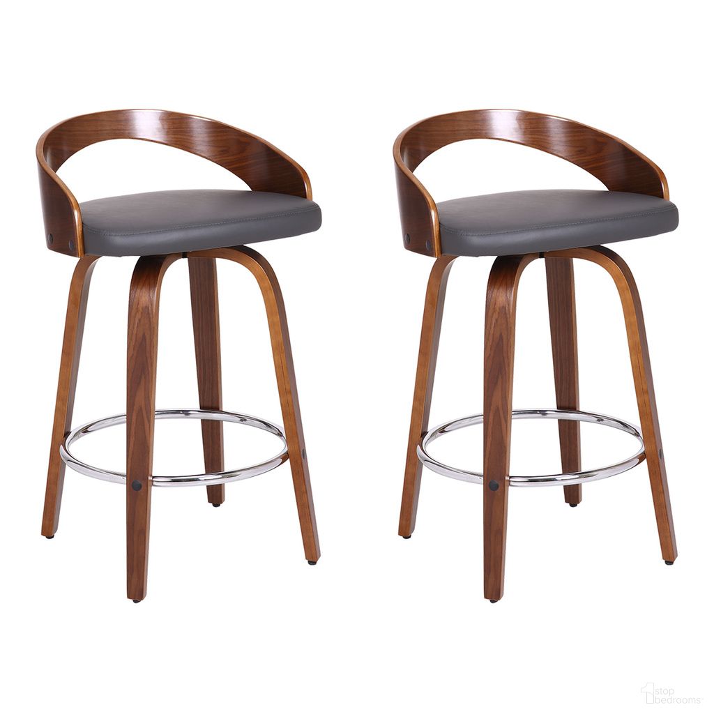 The appearance of Sonia 26 Inch Counter Height Swivel Bar Stool Set of 2 In Gray and Walnut designed by Armen Living in the transitional interior design. This gray and walnut piece of furniture was selected by 1StopBedrooms from Sonia Collection to add a touch of cosiness and style into your home. Sku: LCSOBAGRWA26;LCSOBAGRWA26. Material: Steel.
