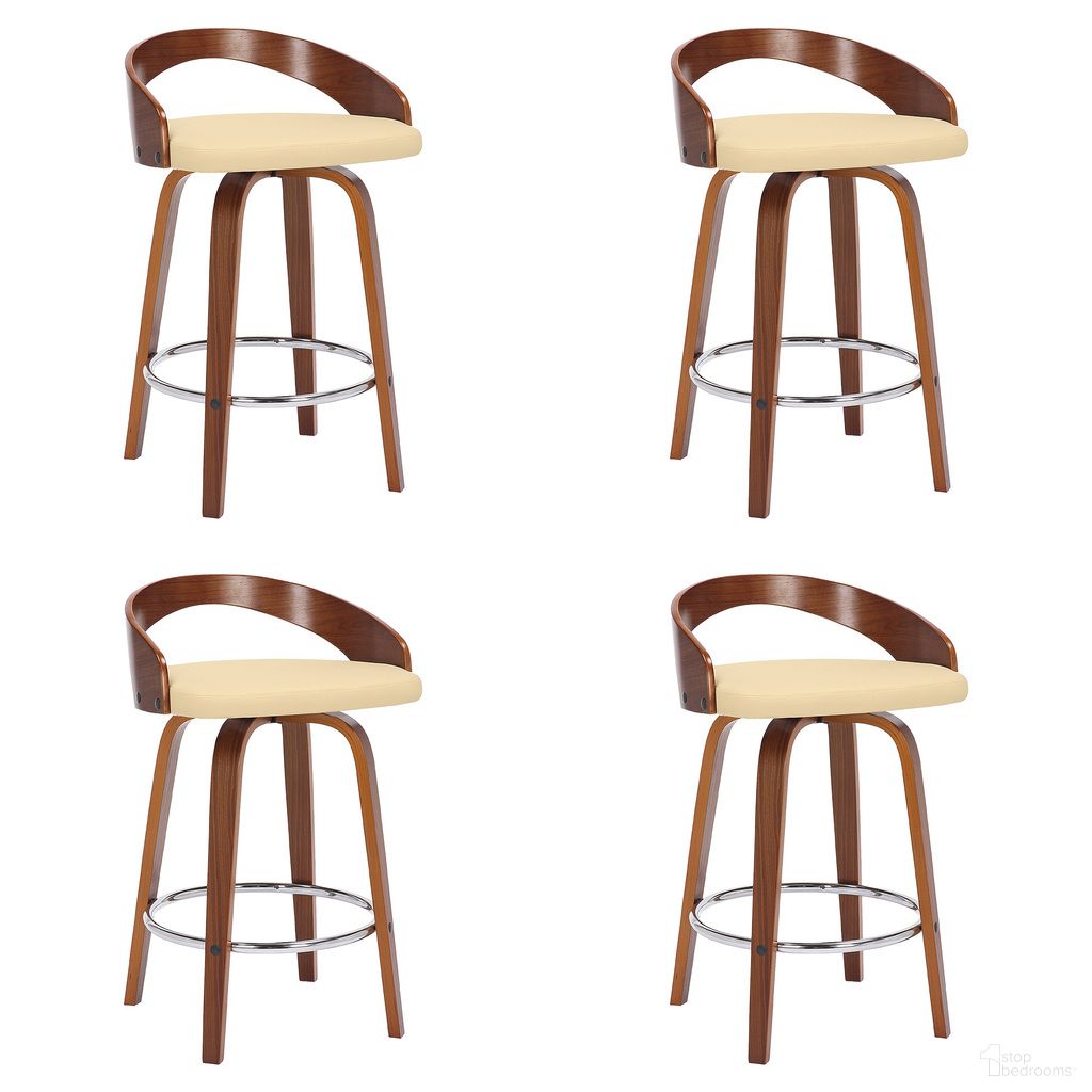 The appearance of Sonia 26 Inch Counter Height Swivel Bar Stool Set of 4 In Cream and Walnut designed by Armen Living in the transitional interior design. This cream/walnut piece of furniture was selected by 1StopBedrooms from Sonia Collection to add a touch of cosiness and style into your home. Sku: LCSOBACRWA26;LCSOBACRWA26;LCSOBACRWA26;LCSOBACRWA26. Material: Faux Leather.