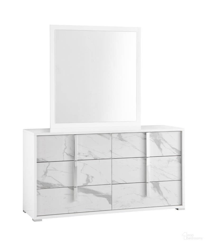 The appearance of Sonia Mirror In White and Grey designed by J&M in the modern / contemporary interior design. This white and grey piece of furniture was selected by 1StopBedrooms from Sonia Collection to add a touch of cosiness and style into your home. Sku: 19965-M. Material: Faux Marble.