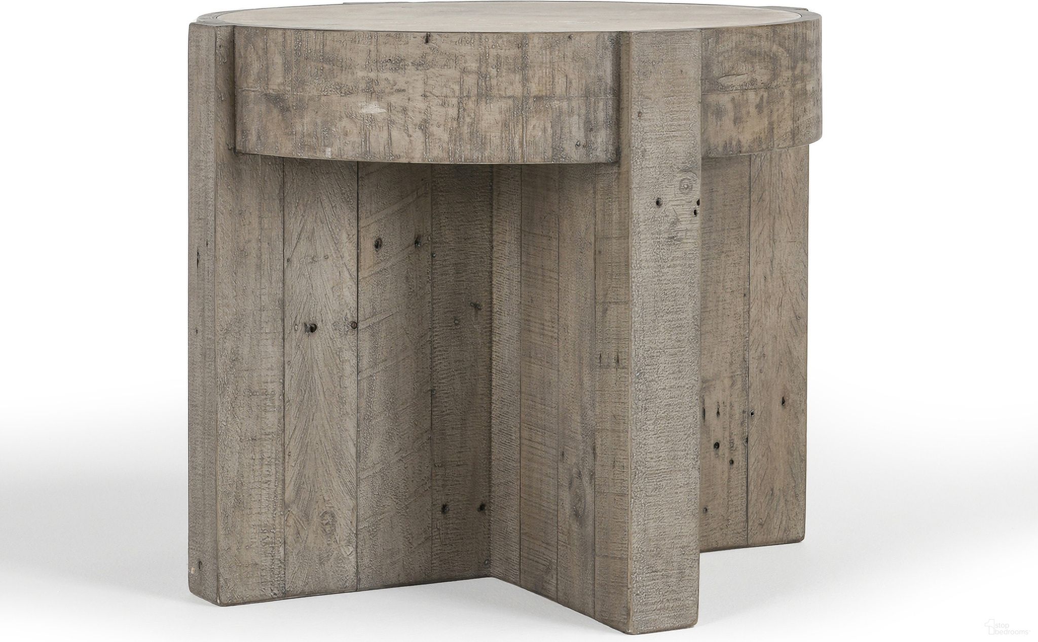 The appearance of Sonoma 26 Inch Round End Table In Distressed Gray designed by Classic Home in the transitional interior design. This distressed gray piece of furniture  was selected by 1StopBedrooms from Sonoma Collection to add a touch of cosiness and style into your home. Sku: 51031213. Material: Reclaimed Pine.
