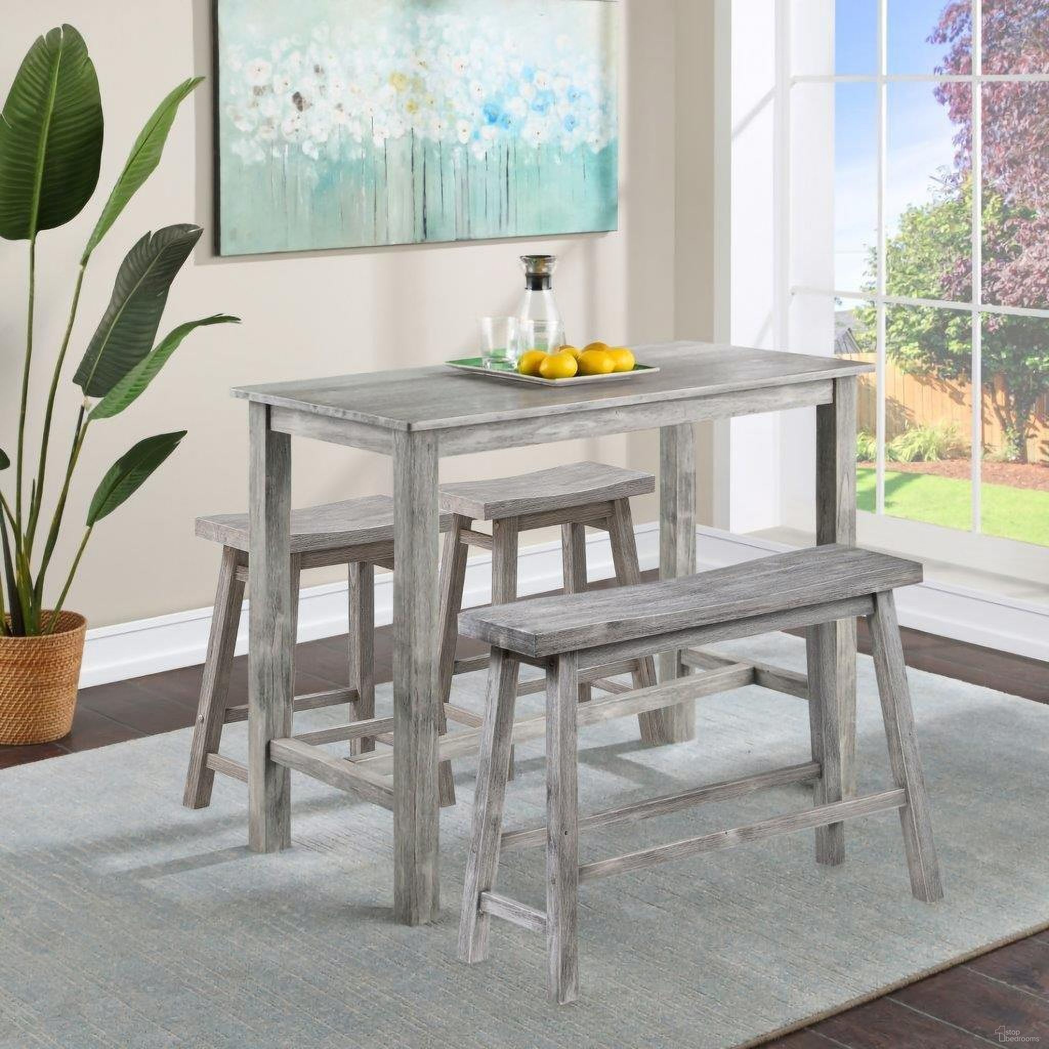 The appearance of Sonoma 4 Piece Pub Set In Storm Gray Wire-Brush Finish designed by Boraam Industries in the transitional interior design. This gray piece of furniture  was selected by 1StopBedrooms from Sonoma Collection to add a touch of cosiness and style into your home. Sku: 75224;75225;75226. Material: Rubberwood.
