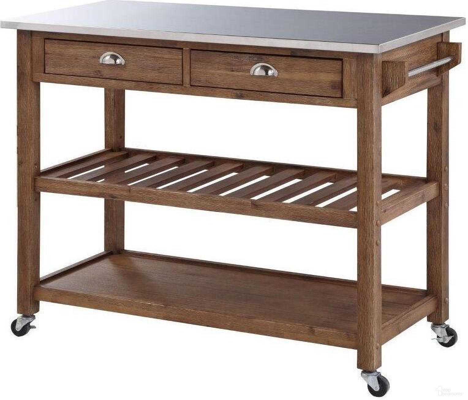 The appearance of Sonoma Kitchen Cart With Stainless Steel Top In Barnwood Wire-Brush designed by Boraam Industries in the country / farmhouse interior design. This barnwood piece of furniture was selected by 1StopBedrooms from Sonoma Collection to add a touch of cosiness and style into your home. Sku: 98520. Material: Rubberwood.
