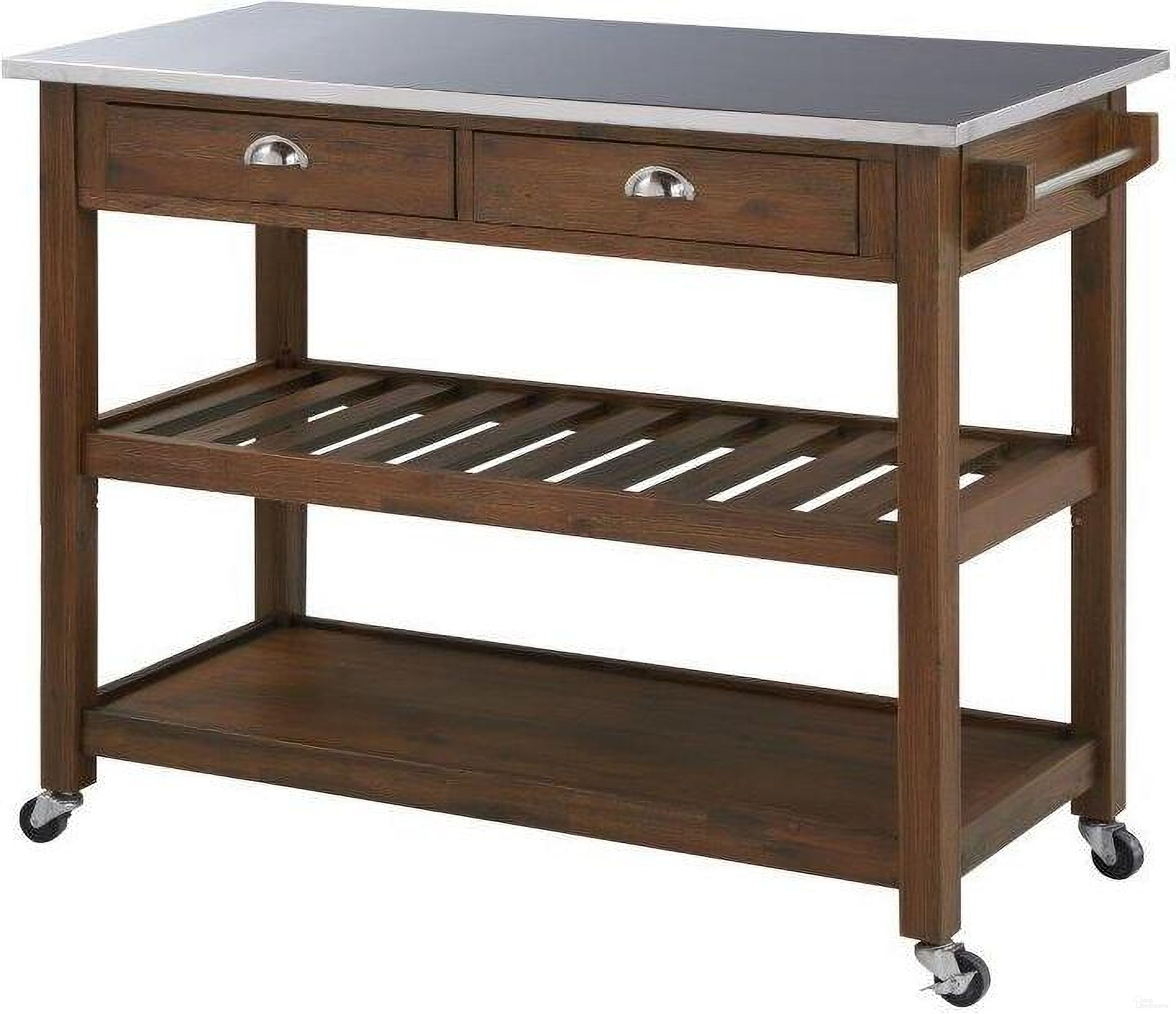 The appearance of Sonoma Kitchen Cart With Stainless Steel Top In Chestnut Wire-Brush designed by Boraam Industries in the country / farmhouse interior design. This chestnut piece of furniture was selected by 1StopBedrooms from Sonoma Collection to add a touch of cosiness and style into your home. Sku: 98521. Material: Rubberwood.