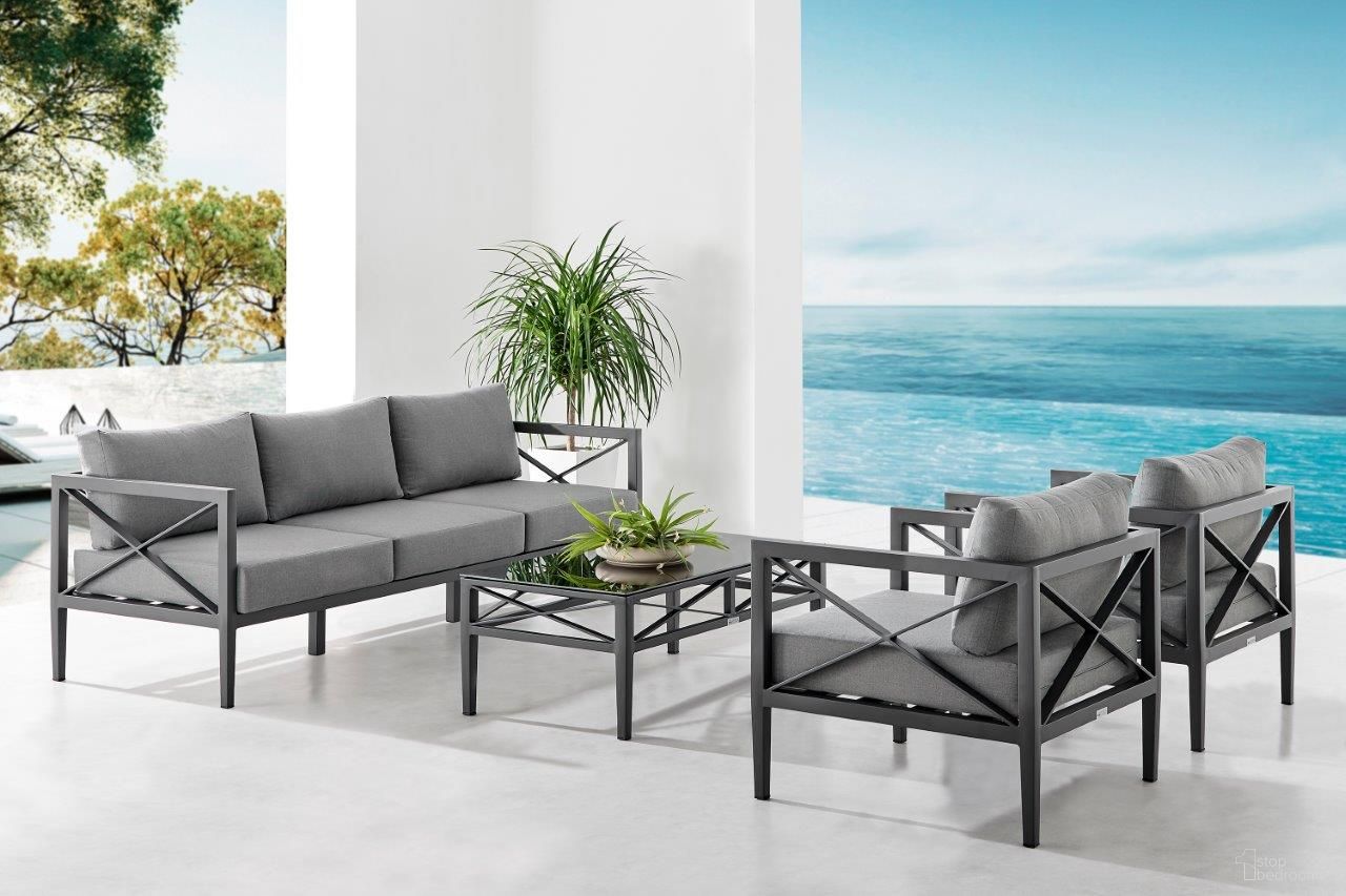 The appearance of Sonoma Outdoor 4 Piece Set In Dark Grey Finish And Dark Grey Cushions designed by Armen Living in the modern / contemporary interior design. This dark grey piece of furniture  was selected by 1StopBedrooms from Sonoma Collection to add a touch of cosiness and style into your home. Sku: SETODSODKGRBX1;SETODSODKGRBX2;SETODSODKGRBX3;SETODSODKGRBX4. Material: Aluminium.