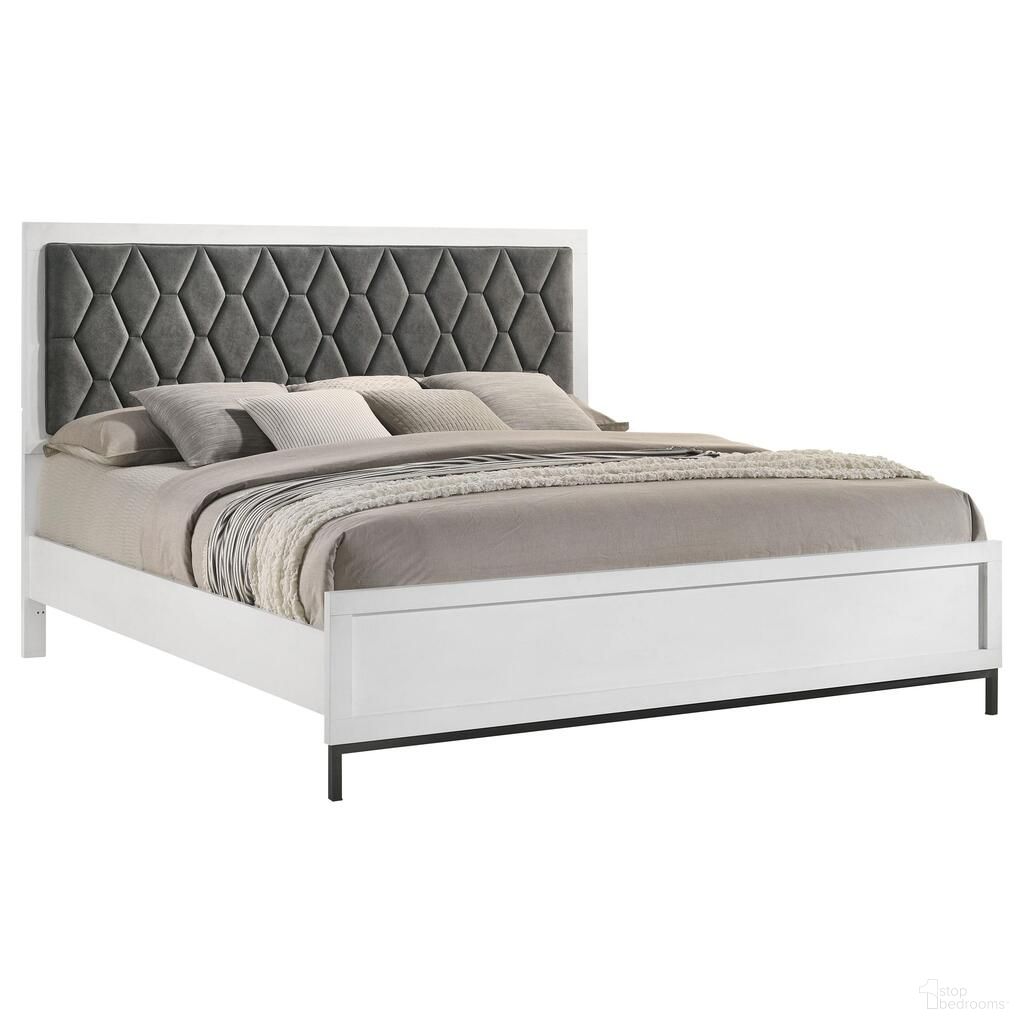 The appearance of Sonora California King Upholstered Panel Bed In White designed by Coaster in the modern / contemporary interior design. This dark grey and white piece of furniture was selected by 1StopBedrooms from Sonora Collection to add a touch of cosiness and style into your home. Sku: 224861KWB1;224861KWB2. Bed Type: Panel Bed. Material: Wood. Bed Size: California King.