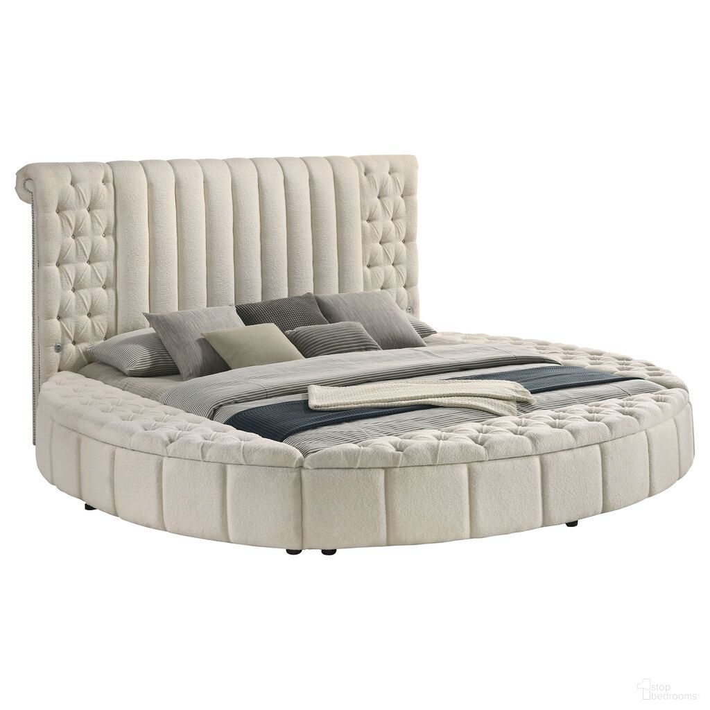 The appearance of Sonya Upholstered Eastern King Round Storage Bed In Ivory designed by Coaster in the modern / contemporary interior design. This ivory piece of furniture  was selected by 1StopBedrooms from Sonya Collection to add a touch of cosiness and style into your home. Sku: 360111KEB1;360111KEB2;360111KEB3;360111KEB4;360111KEB5. Bed Type: Storage Bed. Material: Polyester. Bed Size: King.