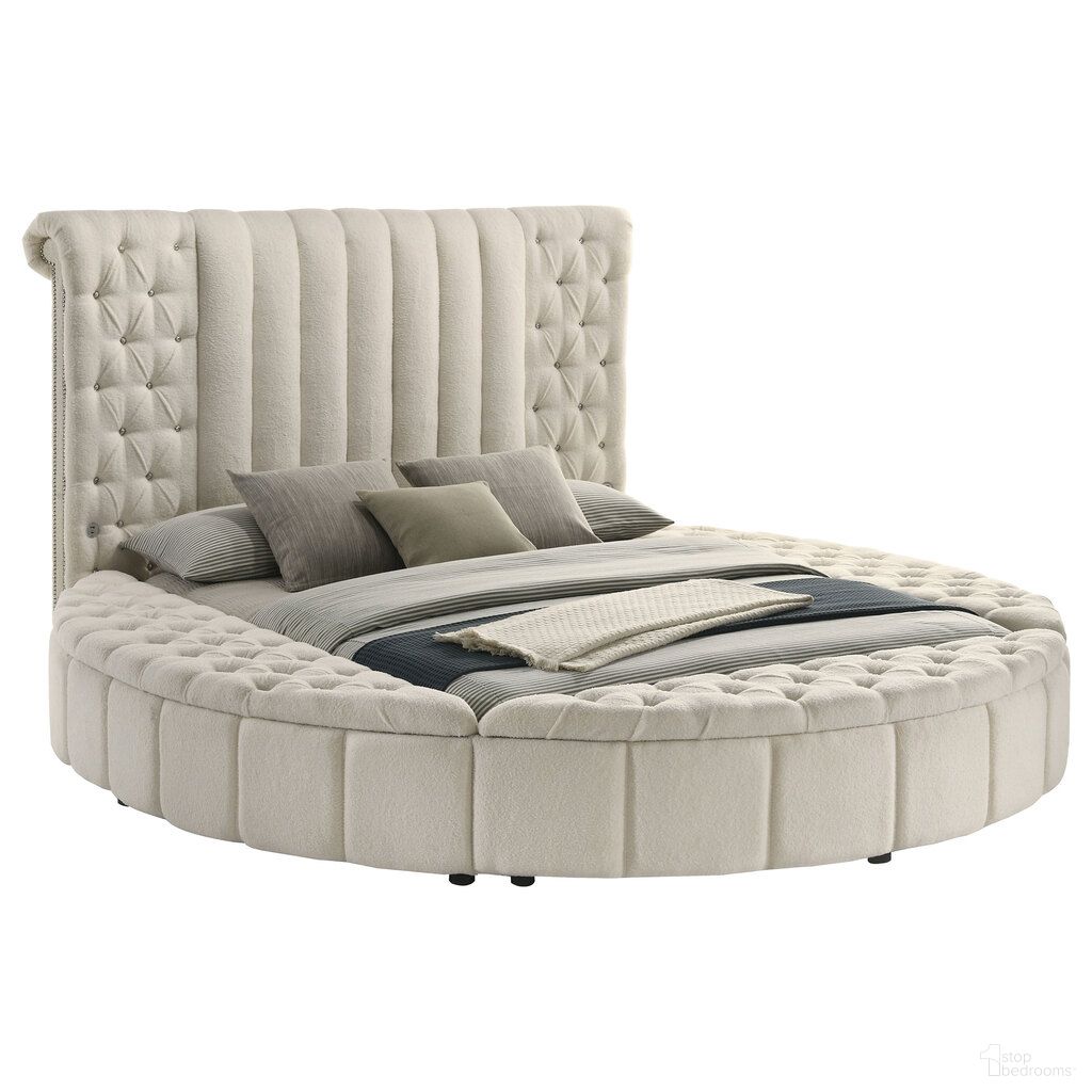 The appearance of Sonya Upholstered Queen Round Storage Bed In Ivory designed by Coaster in the modern / contemporary interior design. This ivory piece of furniture was selected by 1StopBedrooms from Sonya Collection to add a touch of cosiness and style into your home. Sku: 360111QB1;360111QB2;360111QB3;360111QB4;360111QB5. Bed Type: Storage Bed. Material: Polyester. Bed Size: Queen.