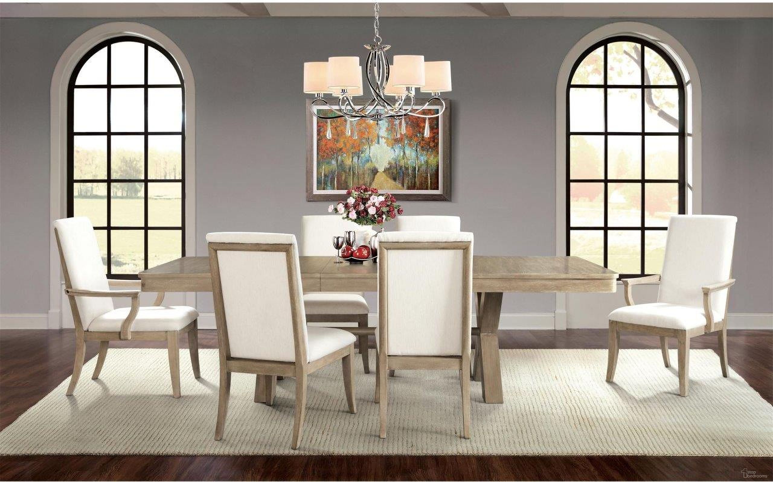 The appearance of Sophie Natural 78 Inch Trestle Extendable Dining Room Set designed by Riverside Furniture in the transitional interior design. This brown piece of furniture was selected by 1StopBedrooms from Sophie Collection to add a touch of cosiness and style into your home. Sku: 50348;50352;50358. Table Base Style: Trestle. Table Top Shape: Rectangular. Size: 78".