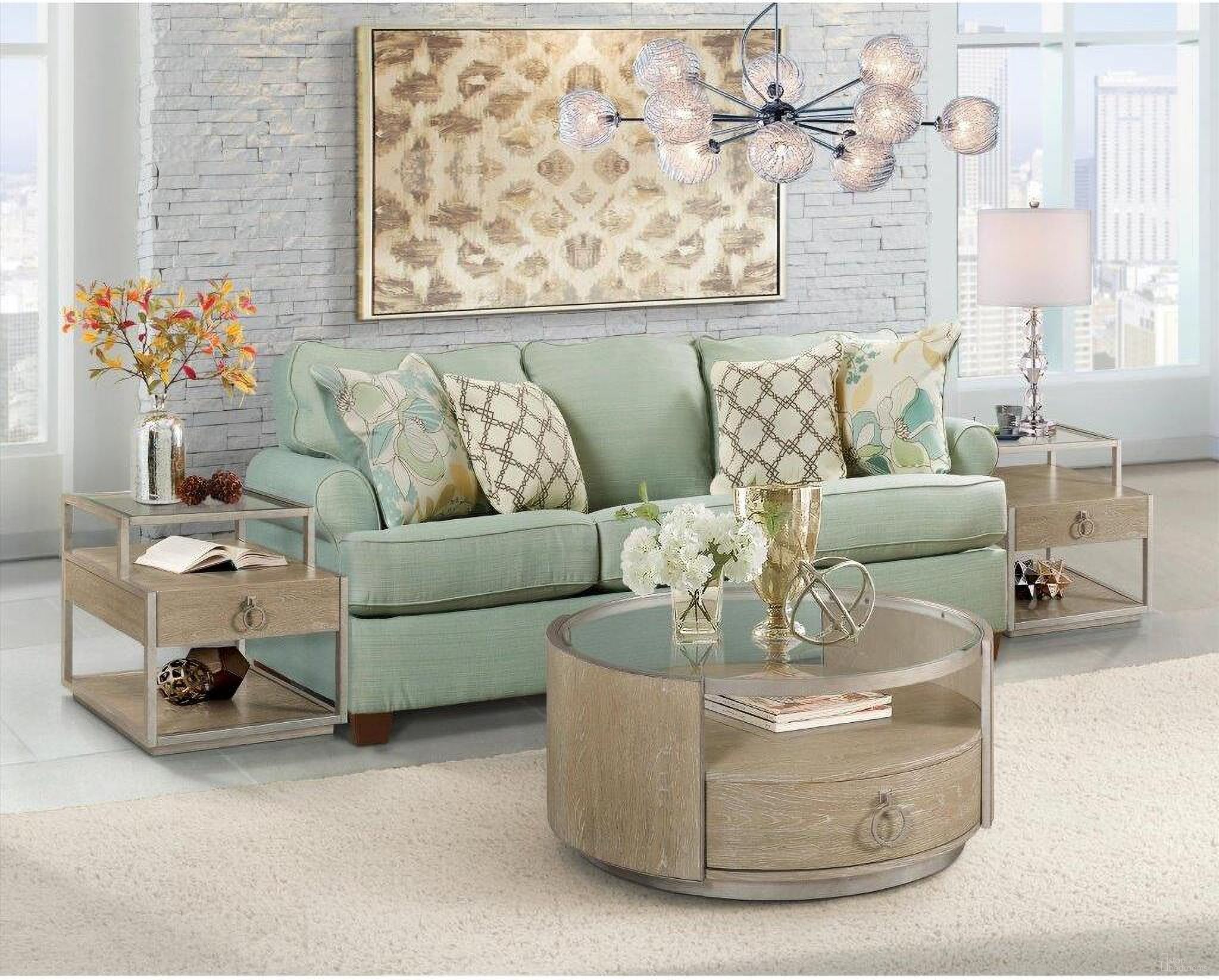 The appearance of Sophie Natural Round Occasional Table Set designed by Riverside Furniture in the transitional interior design. This brown piece of furniture was selected by 1StopBedrooms from Sophie Collection to add a touch of cosiness and style into your home. Sku: 50303;50308. Material: Wood.