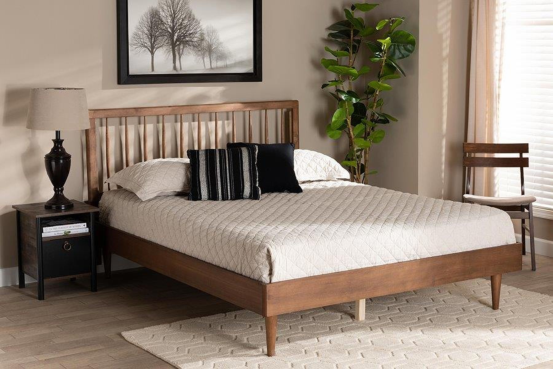The appearance of Sora Mid-Century Modern Ash Walnut Finished Wood King Size Platform Bed designed by Baxton Studio in the transitional interior design. This ash walnut piece of furniture was selected by 1StopBedrooms from Sora Collection to add a touch of cosiness and style into your home. Sku: Sora-Ash Walnut-King. Bed Type: Platform Bed. Bed Size: King. Material: Rubberwood.