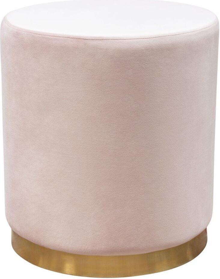 Sorbet Round Accent Ottoman In Blush Pink Velvet With Gold Metal Band