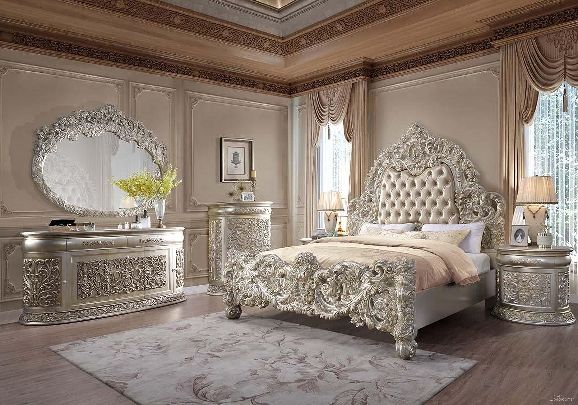 The appearance of Sorina Bedroom Set In Antique Gold Finish designed by ACME in the transitional interior design. This antique gold piece of furniture  was selected by 1StopBedrooms from Sorina Collection to add a touch of cosiness and style into your home. Sku: BD01241EK1;BD01241EK2;BD01241EK3;BD01242. Bed Type: Panel Bed. Material: Wood. Bed Size: Eastern King.