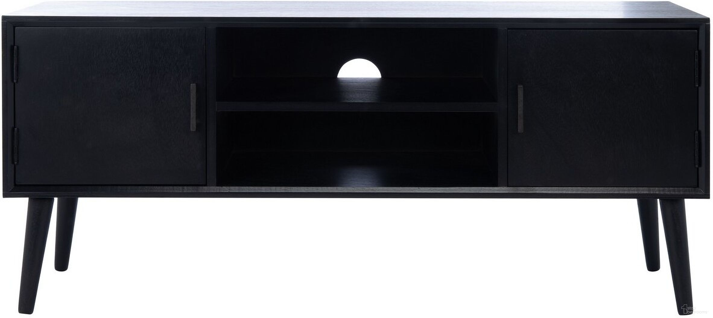 The appearance of Sorrel Mid Century 2 Door 1 Shelf Media Stand in Black designed by Safavieh in the transitional interior design. This black piece of furniture was selected by 1StopBedrooms from Sorrel Collection to add a touch of cosiness and style into your home. Sku: MED5701B. Material: Wood.