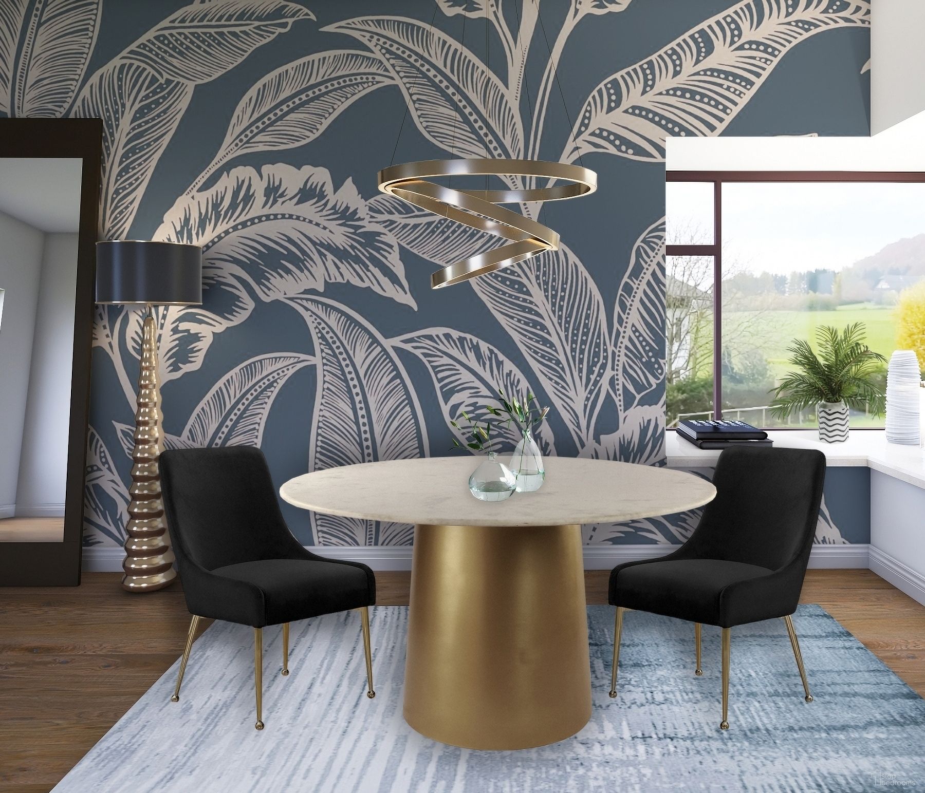 The appearance of Sorrento Dining Room Set w/ Black Owen Chairs designed by Meridian in the modern / contemporary interior design. This black piece of furniture was selected by 1StopBedrooms from Sorrento Collection to add a touch of cosiness and style into your home. Sku: 727-T Box 1/2 (Marble Top);727-T Box 2/2 (Base);744Black. Table Base Style: Pedestal. Table Top Shape: Round. Material: Marble. Size: 50".