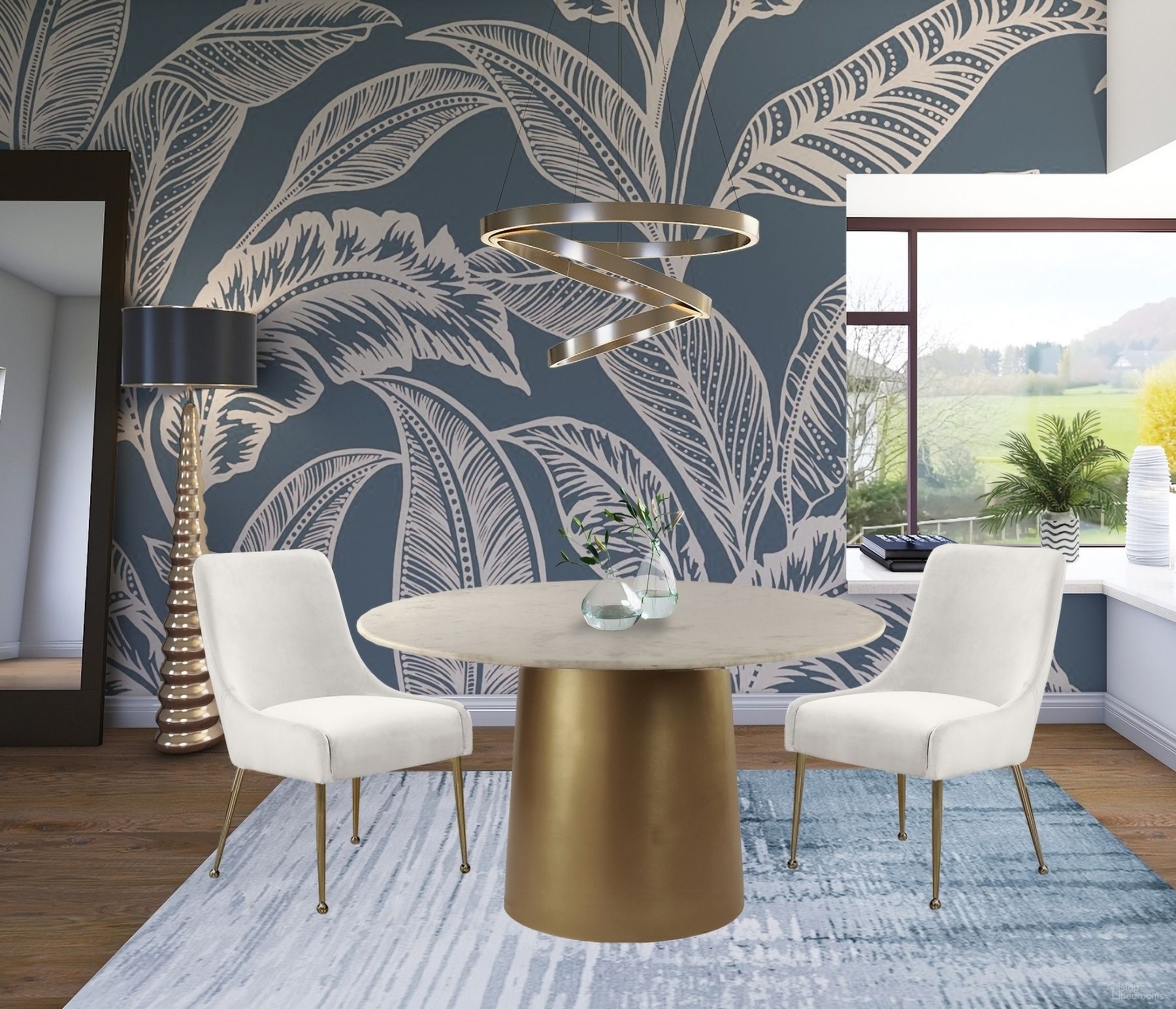 The appearance of Sorrento Dining Room Set w/ Cream Owen Chairs designed by Meridian in the modern / contemporary interior design. This cream piece of furniture was selected by 1StopBedrooms from Sorrento Collection to add a touch of cosiness and style into your home. Sku: 727-T Box 1/2 (Marble Top);727-T Box 2/2 (Base);744Cream. Table Base Style: Pedestal. Table Top Shape: Round. Material: Marble. Size: 50".
