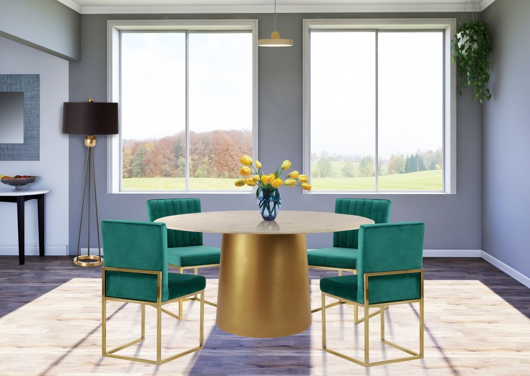 The appearance of Sorrento Dining Room Set w/ Green Giselle Chairs designed by Meridian in the modern / contemporary interior design. This green piece of furniture  was selected by 1StopBedrooms from Sorrento Collection to add a touch of cosiness and style into your home. Sku: 727-T Box 1/2 (Marble Top);727-T Box 2/2 (Base);778Green-C. Table Base Style: Pedestal. Table Top Shape: Round. Material: Marble. Size: 50".