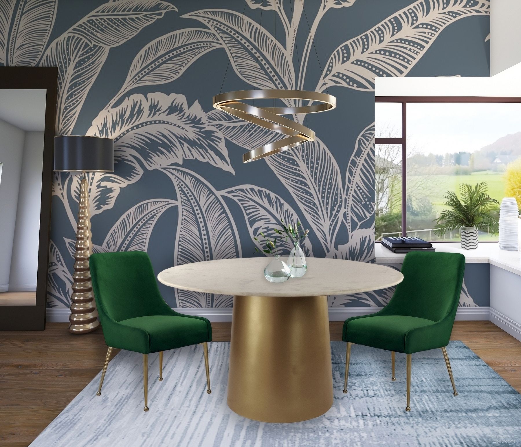 The appearance of Sorrento Dining Room Set w/ Green Owen Chairs designed by Meridian in the modern / contemporary interior design. This green piece of furniture  was selected by 1StopBedrooms from Sorrento Collection to add a touch of cosiness and style into your home. Sku: 727-T Box 1/2 (Marble Top);727-T Box 2/2 (Base);744Green. Table Base Style: Pedestal. Table Top Shape: Round. Material: Marble. Size: 50".